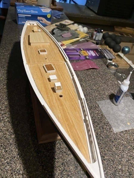 Bluenose model ship with some of the deck housing being put into place. 