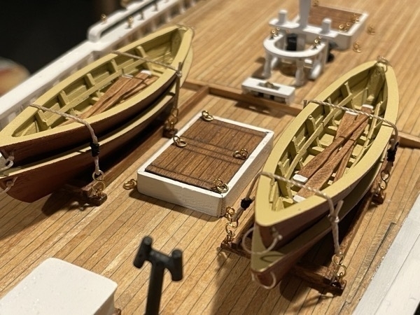 Close up of the dorys on the Bluenose model ship. 