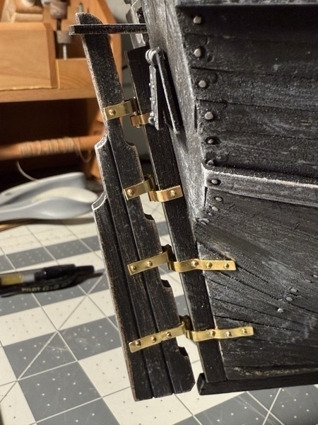 Close up view of the rudder of the flying dutchman model ship. 