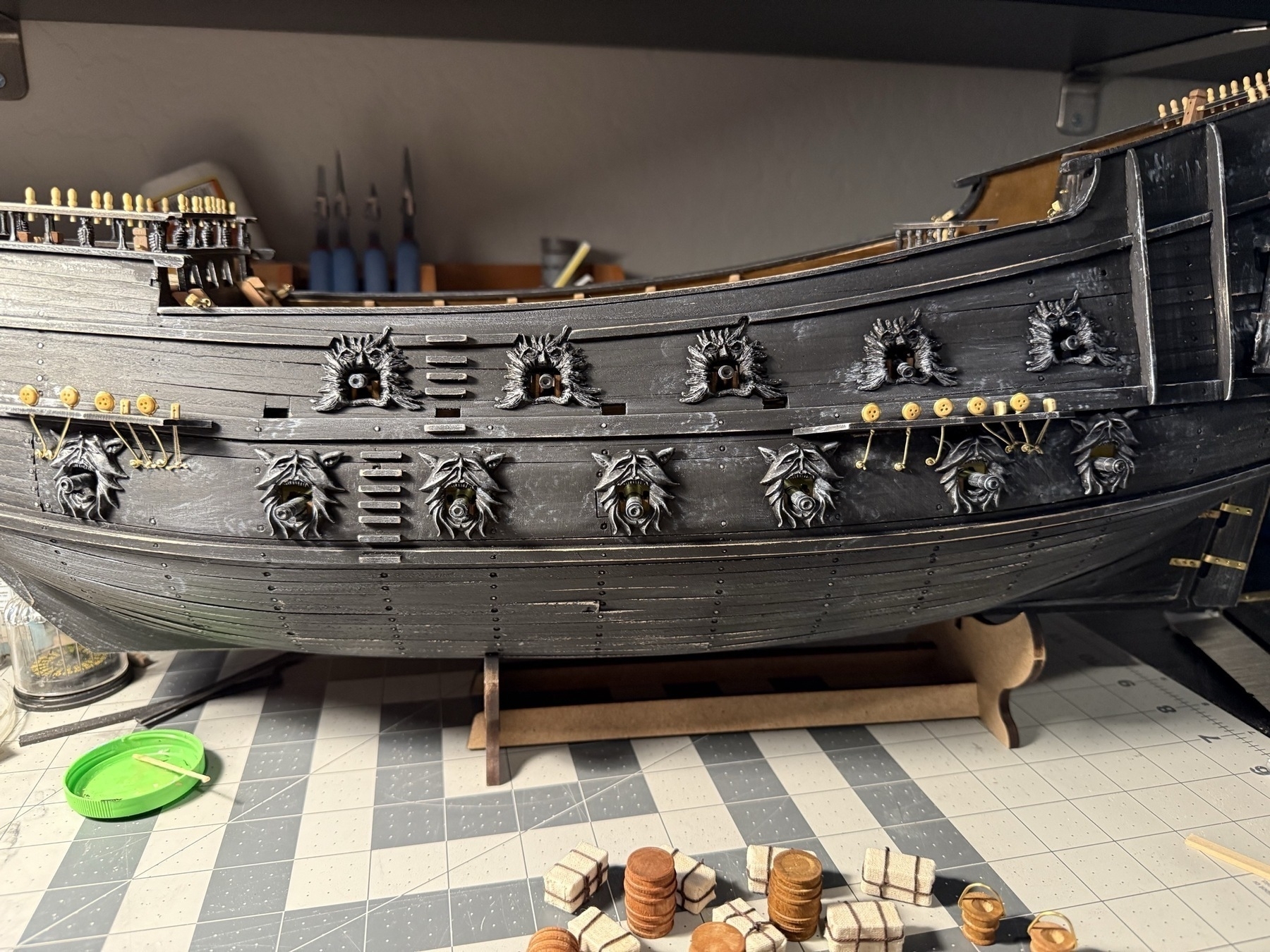 View of the port side of the flying dutchman model ship showing the newly inserted cannons in the lower deck. 