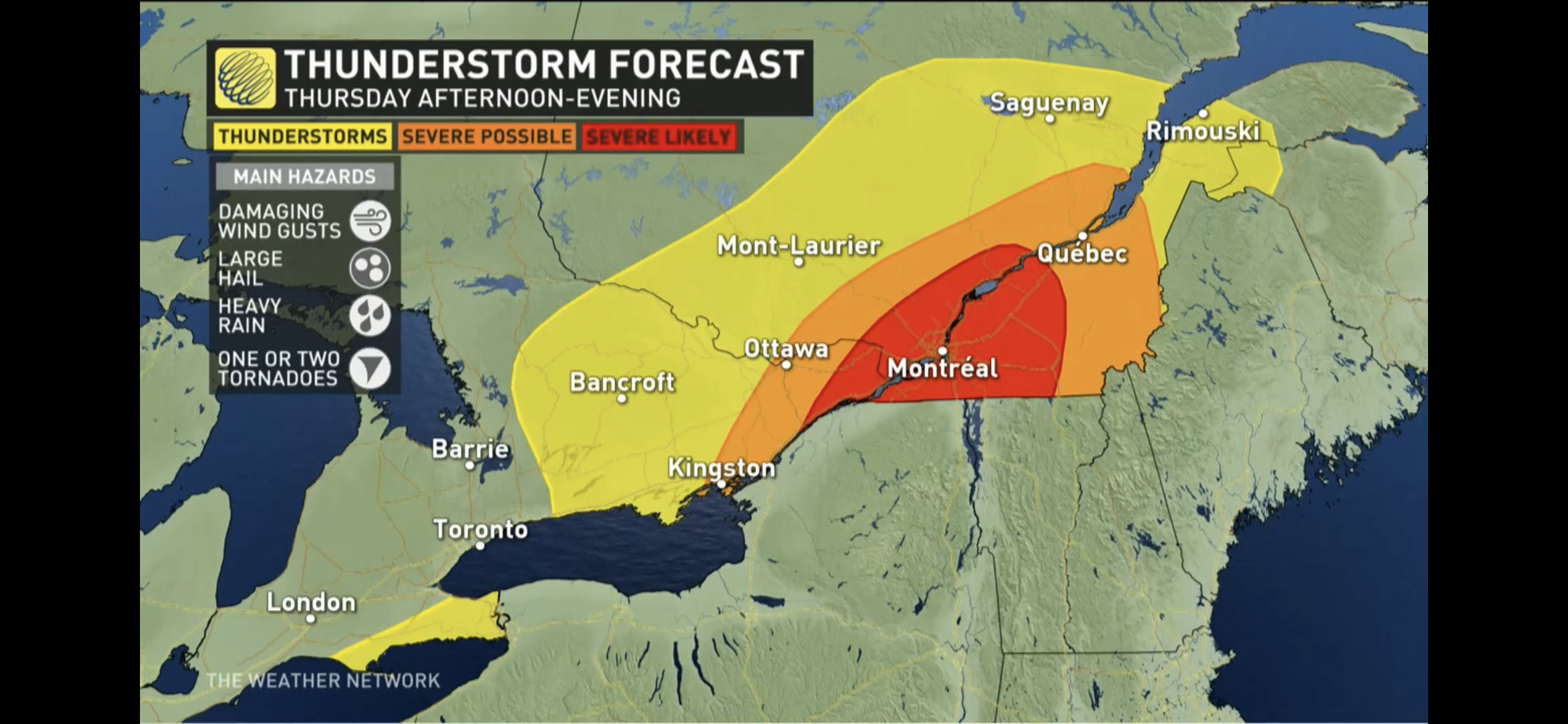 A screenshot from the Weather Network showing the forecast of “superstorm” likelihood in the St-Lawrence valley. Montreal is rated “sever likely” and should expect hail, high winds, and perhaps even tornadoes.