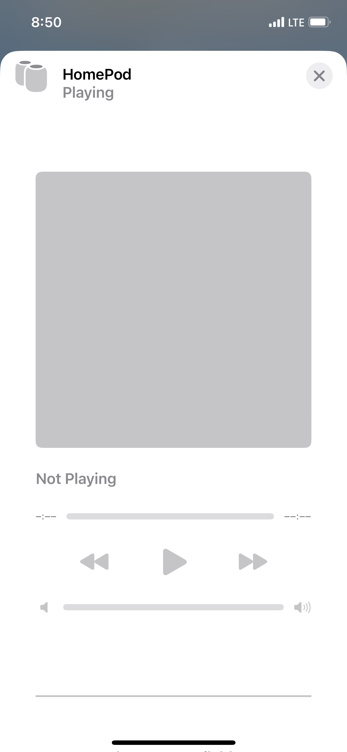 A screenshot from the Home app on iPhone showing the HomePod detail sheet. The subtitle to the sheet says, “Playing” but the media transport controls below are blank and an informational message says, “Not playing.”