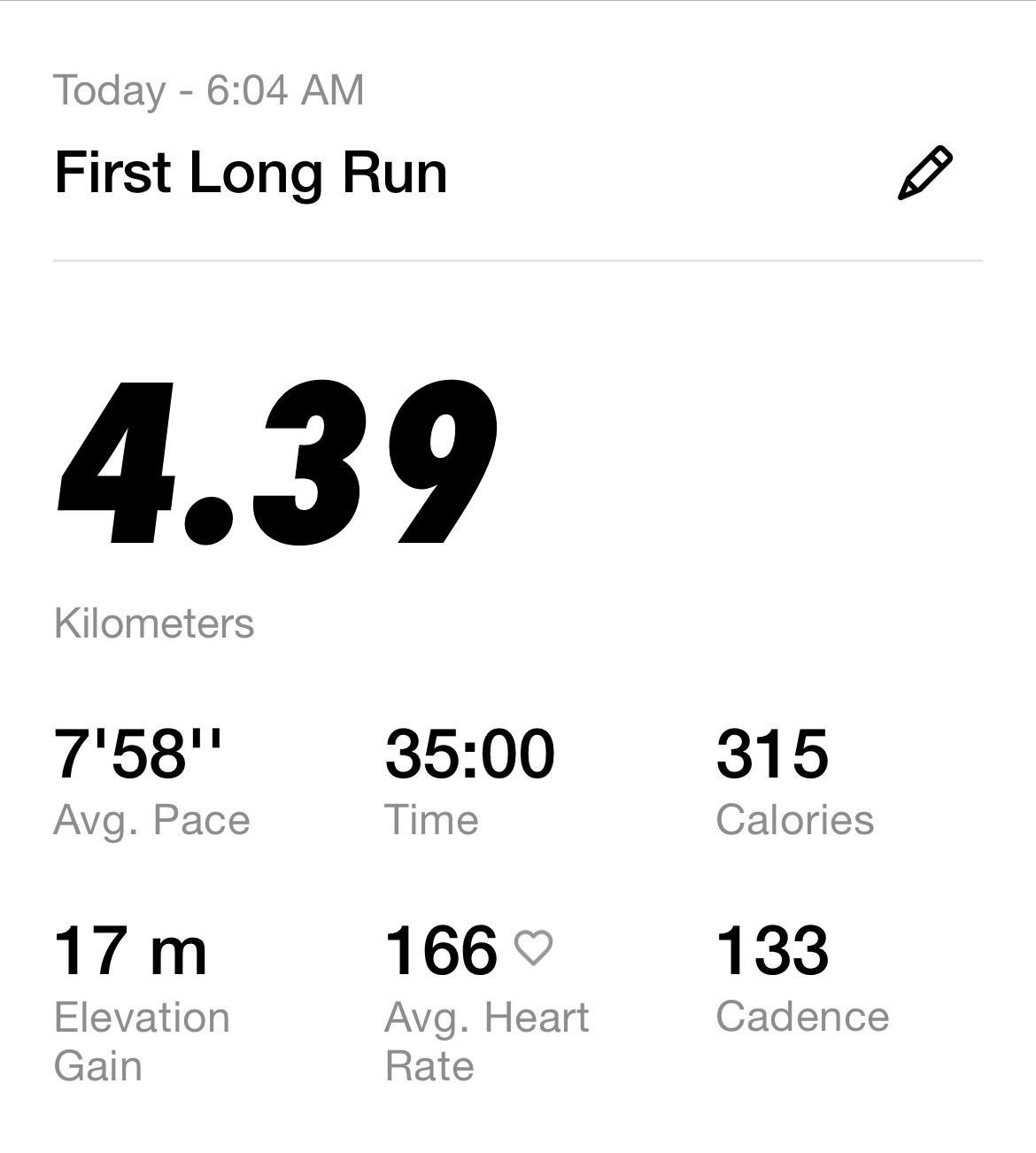 A screen capture from the Nike Run Club app showing statistics from a “First Long Run” workout. I ran 4.39km over 35 minutes at a pace of 7’58”.