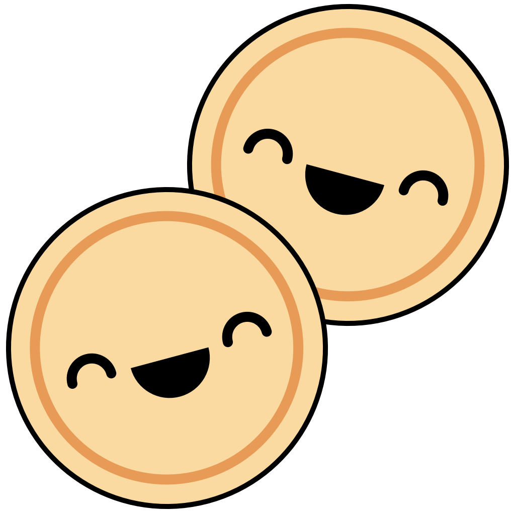 Two coin-shaped happy faces in a cartoonish style overlap slightly. The faces mimic the style used in the Cheqin app icon.