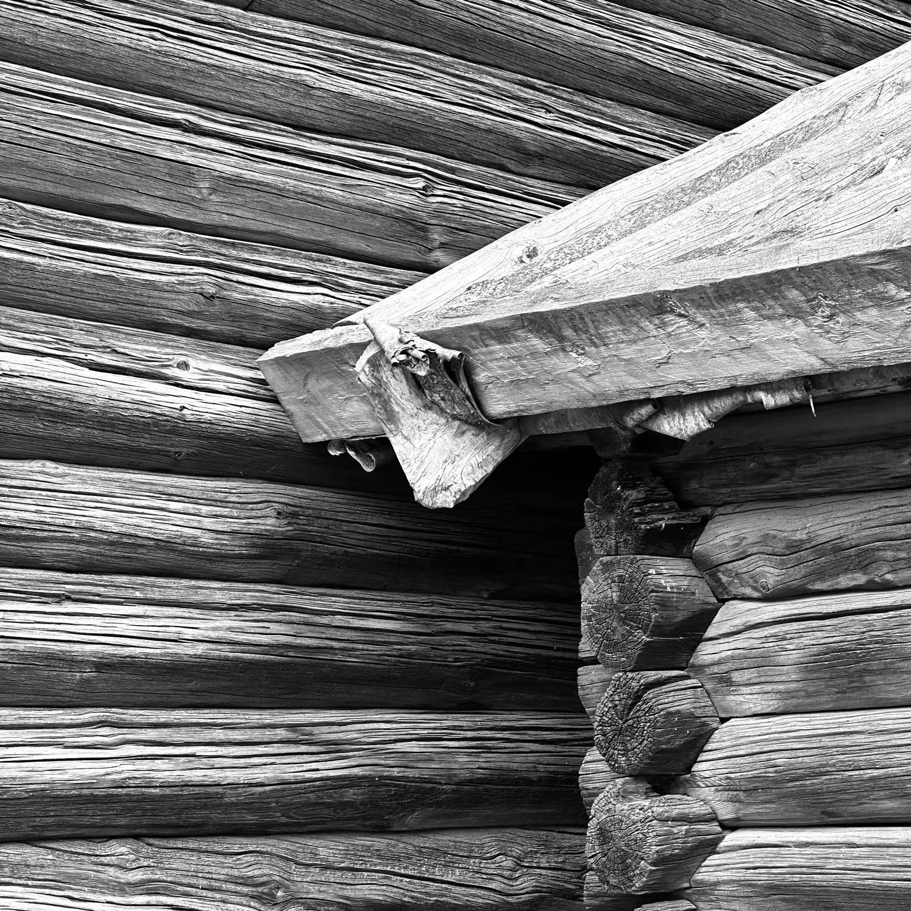 Closeup of the walls and roof of a wooden cabin.