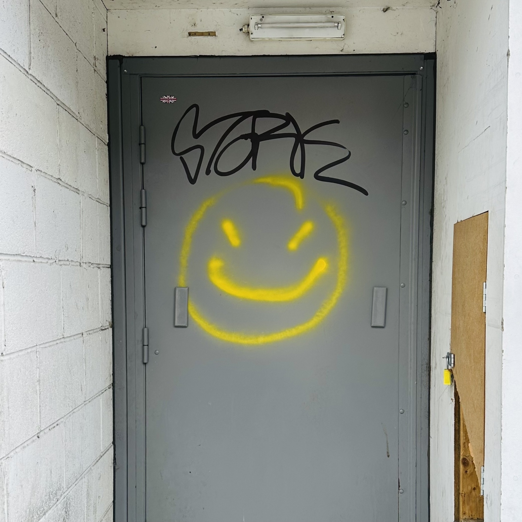 A smiley face in yellow paint on a grey metal door.