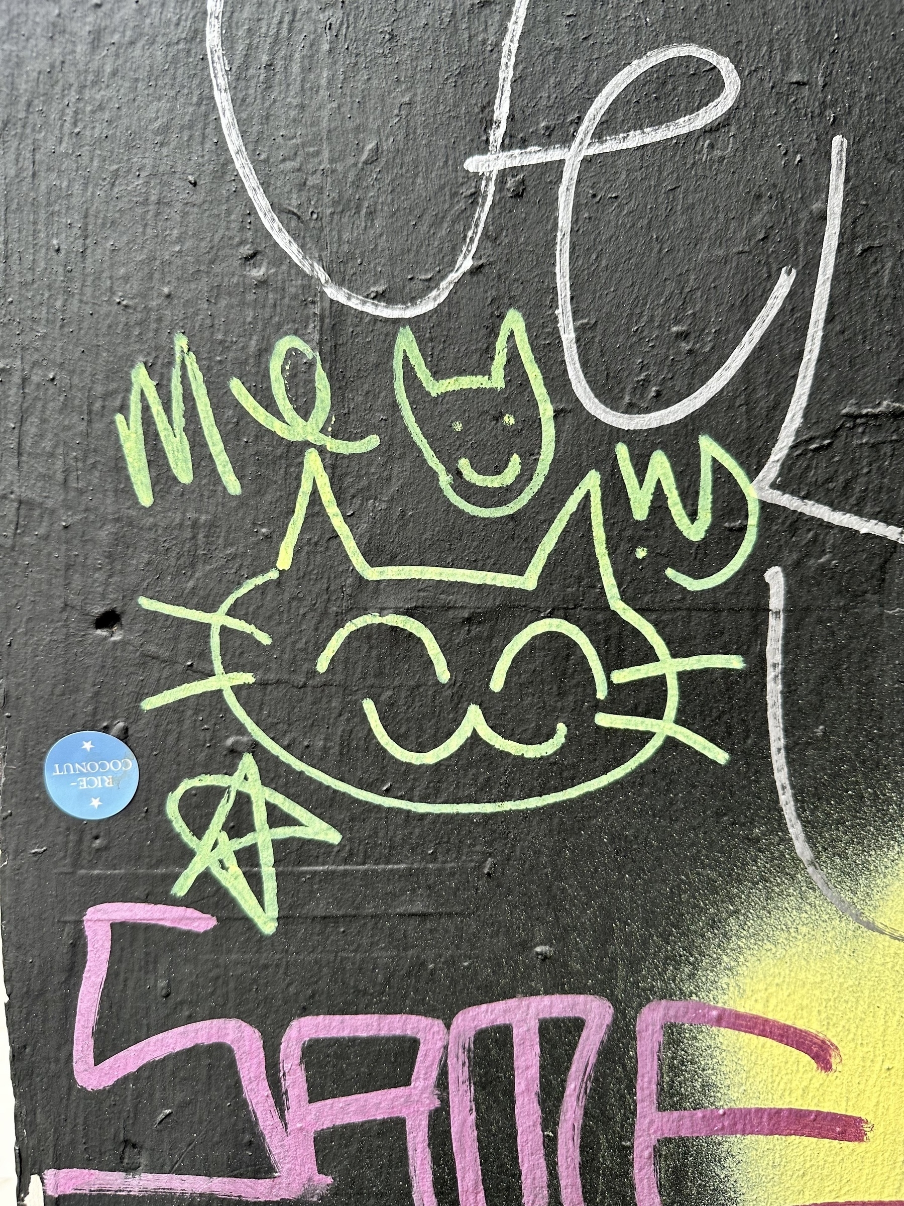 Graffiti of a smiling cat face, in yellow on a black background.