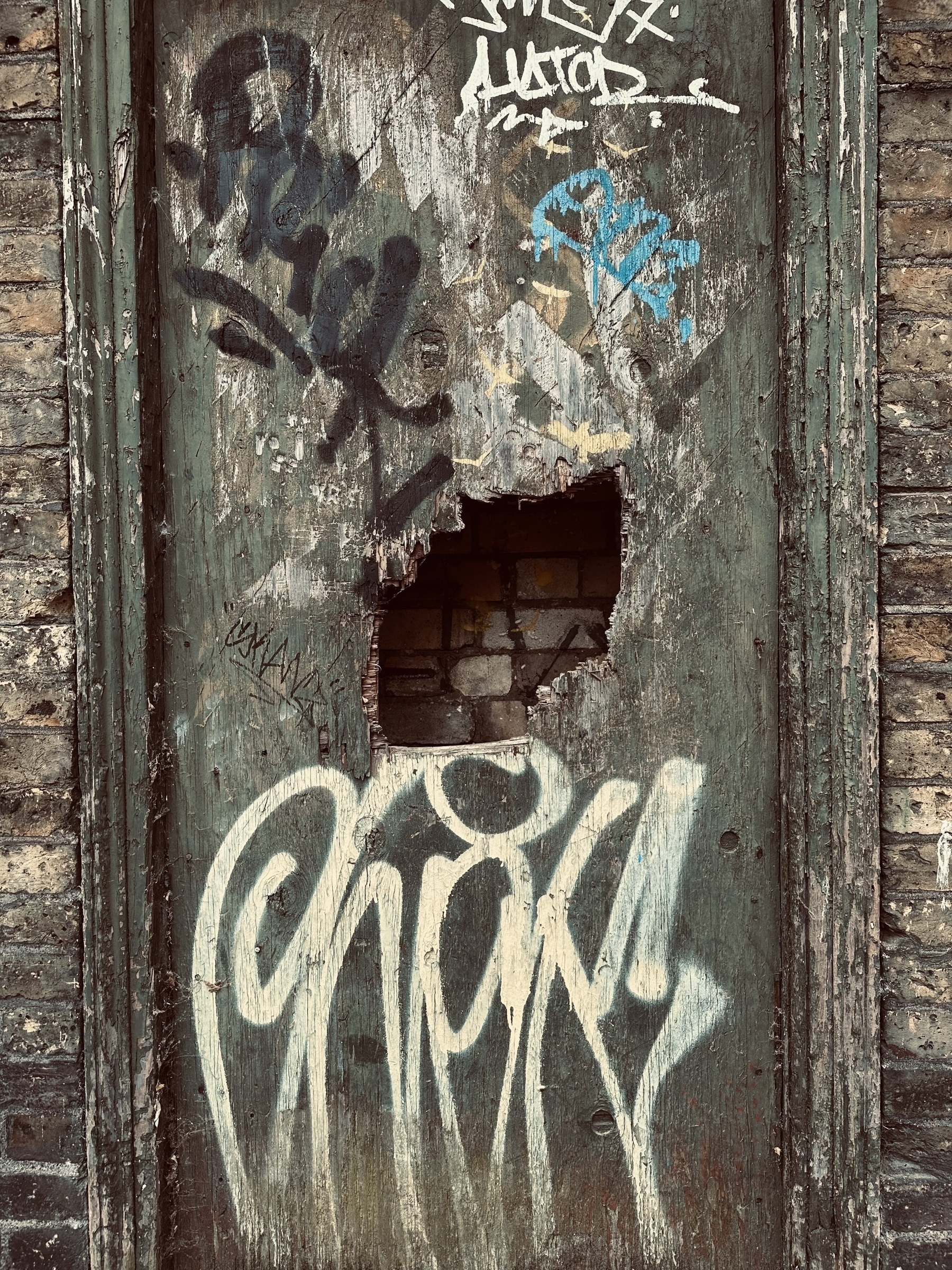 A wooden door, painted green, with some graffiti on it. There’s a hole in the middle of the door, revealing a brick wall just behind.