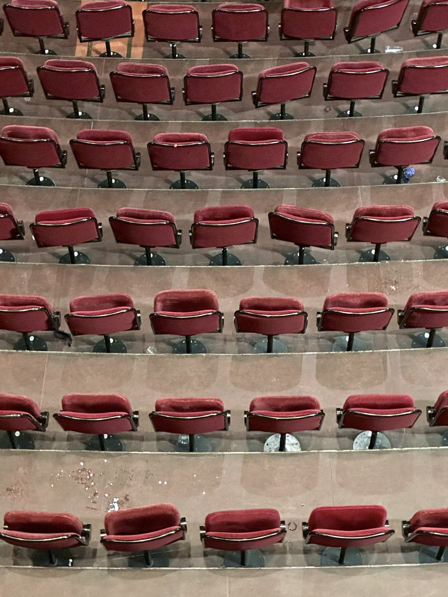 Looking down on to rows of empty red seats at the Royal Albert Hall.