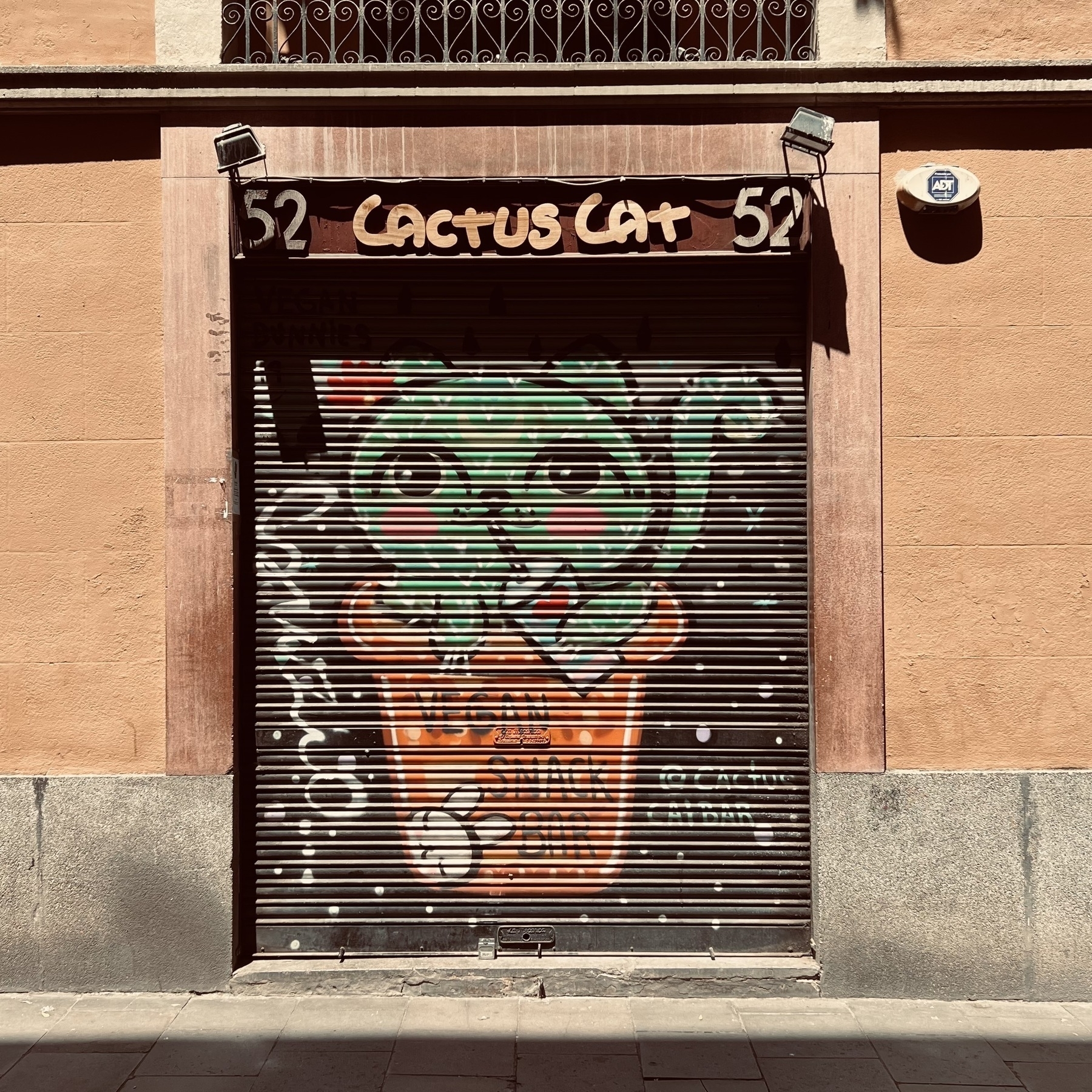 A cat painted on the shutters of a vegan snack bar.