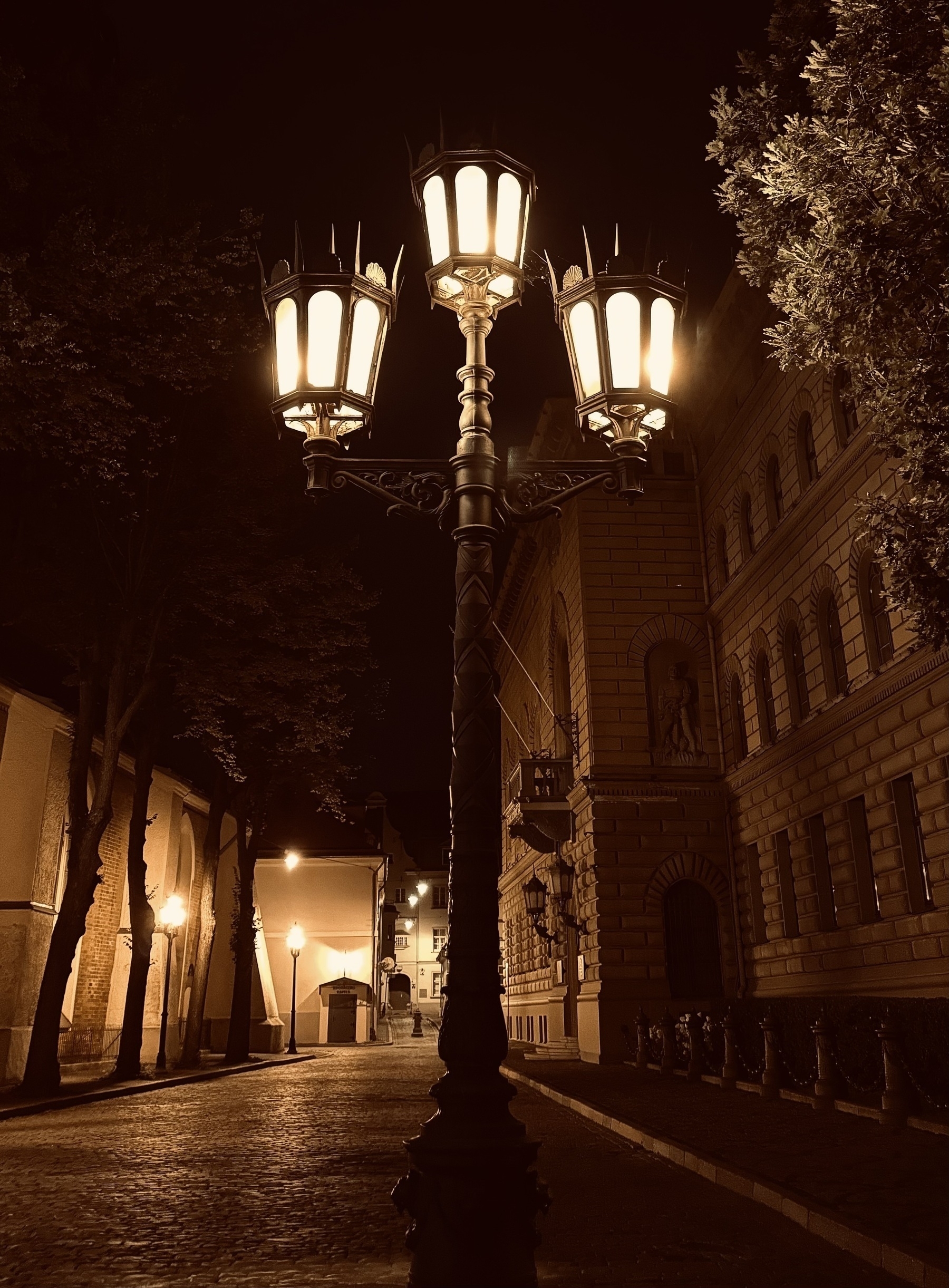 An ornate street lamp with an empty cobbled street in the background.