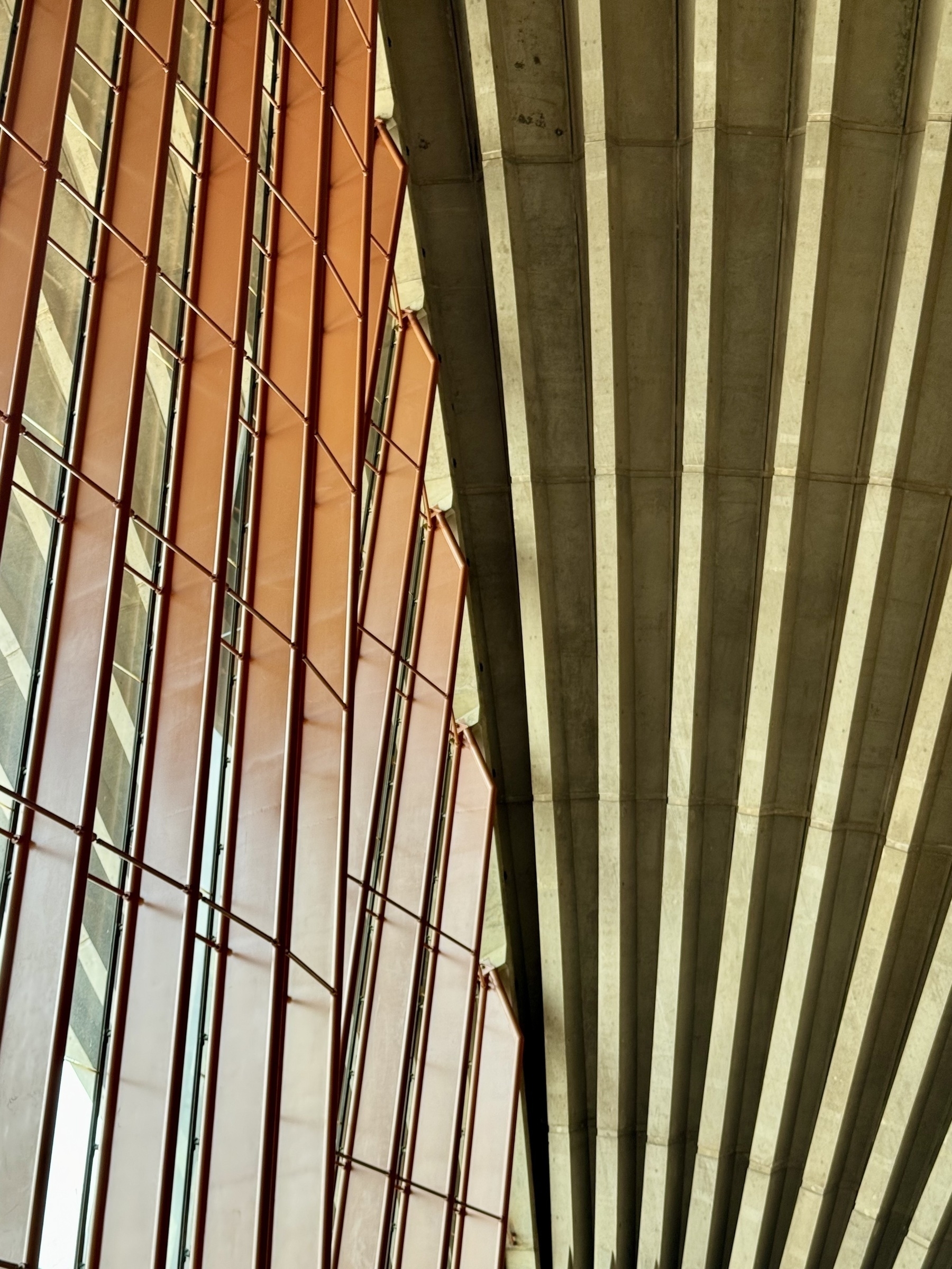 Brown metal frames holding glass on the left, with concrete ribs on the right. From the inside of one of the shells of Sydney Opera House.