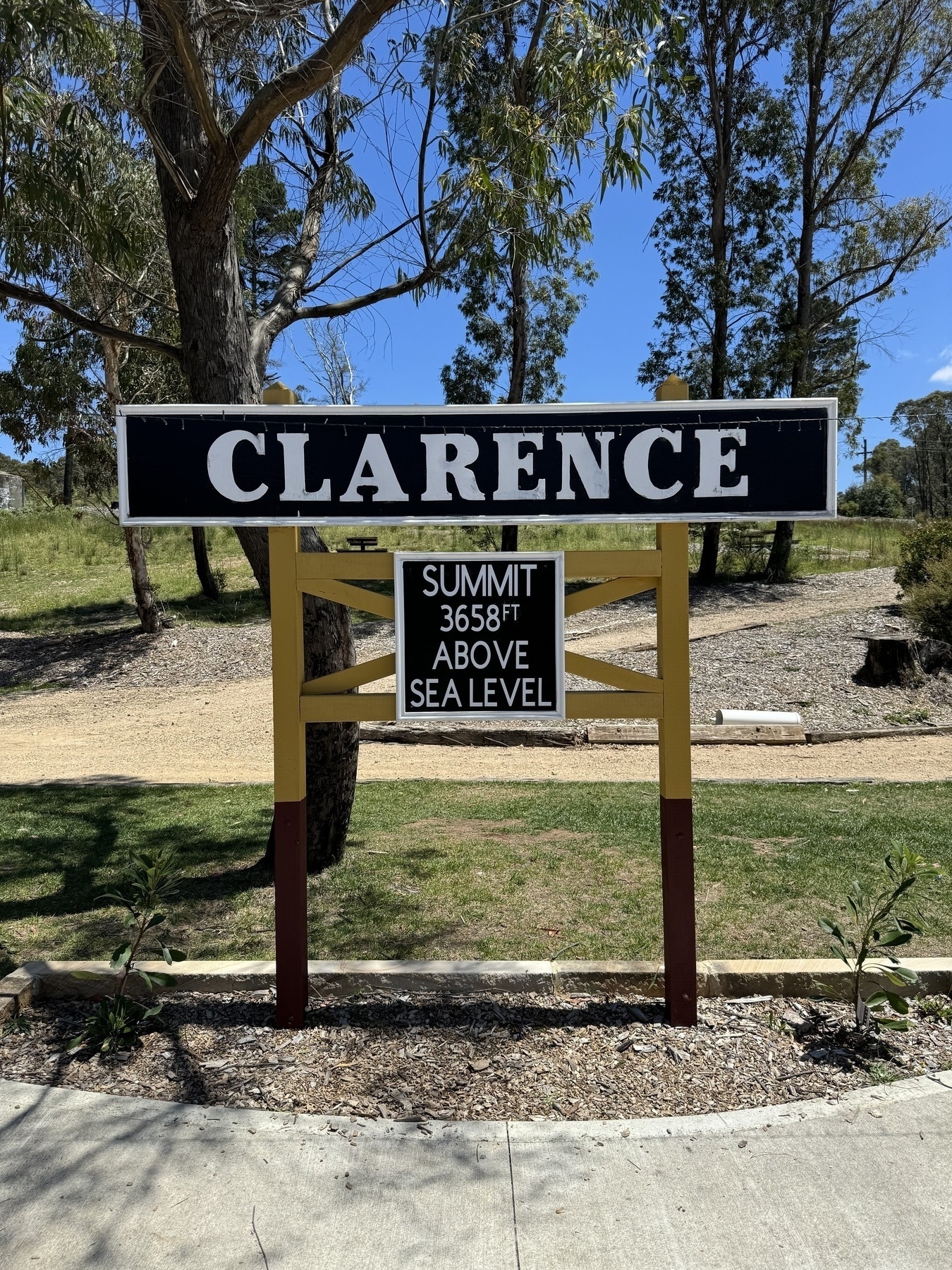 A sign at Clarence train station, showing it is 3,658 feet above sea level.
