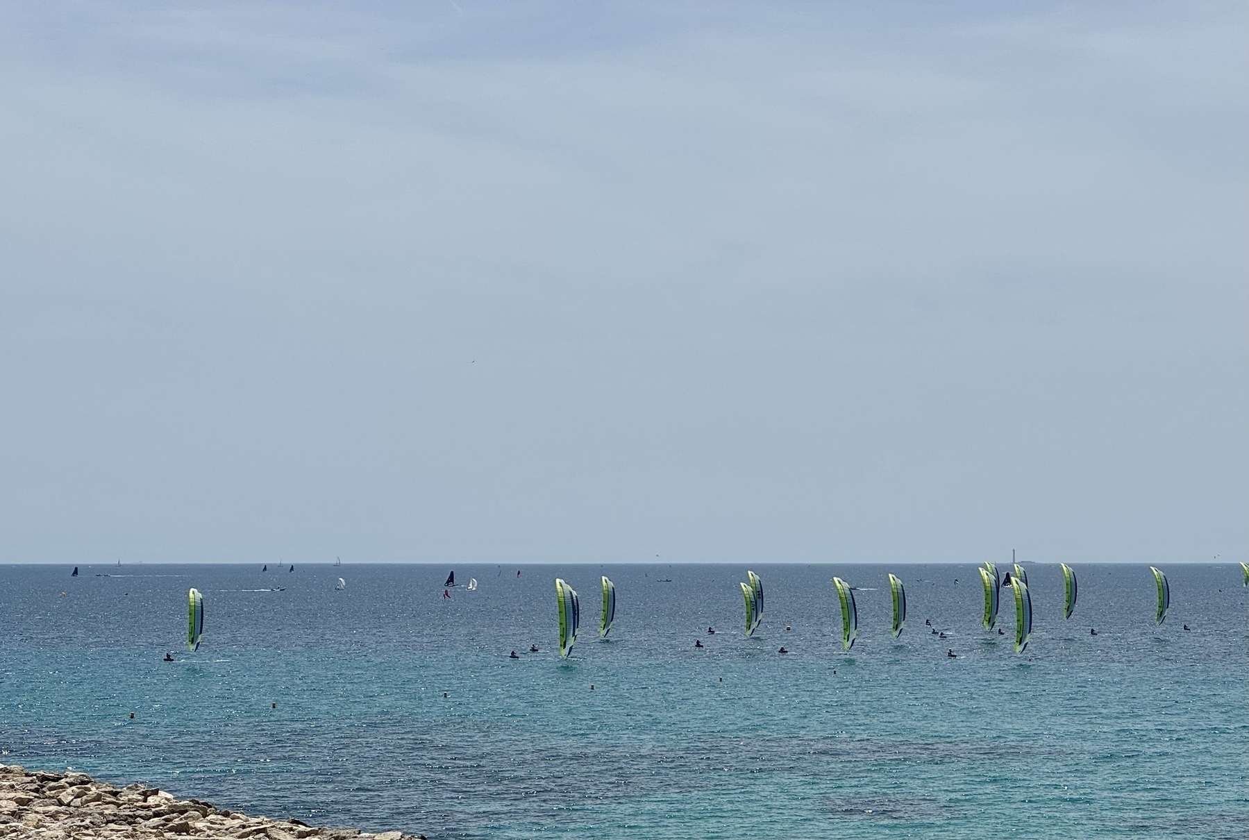 Kite surfers on the Mediterranean off the coast of Marseille.