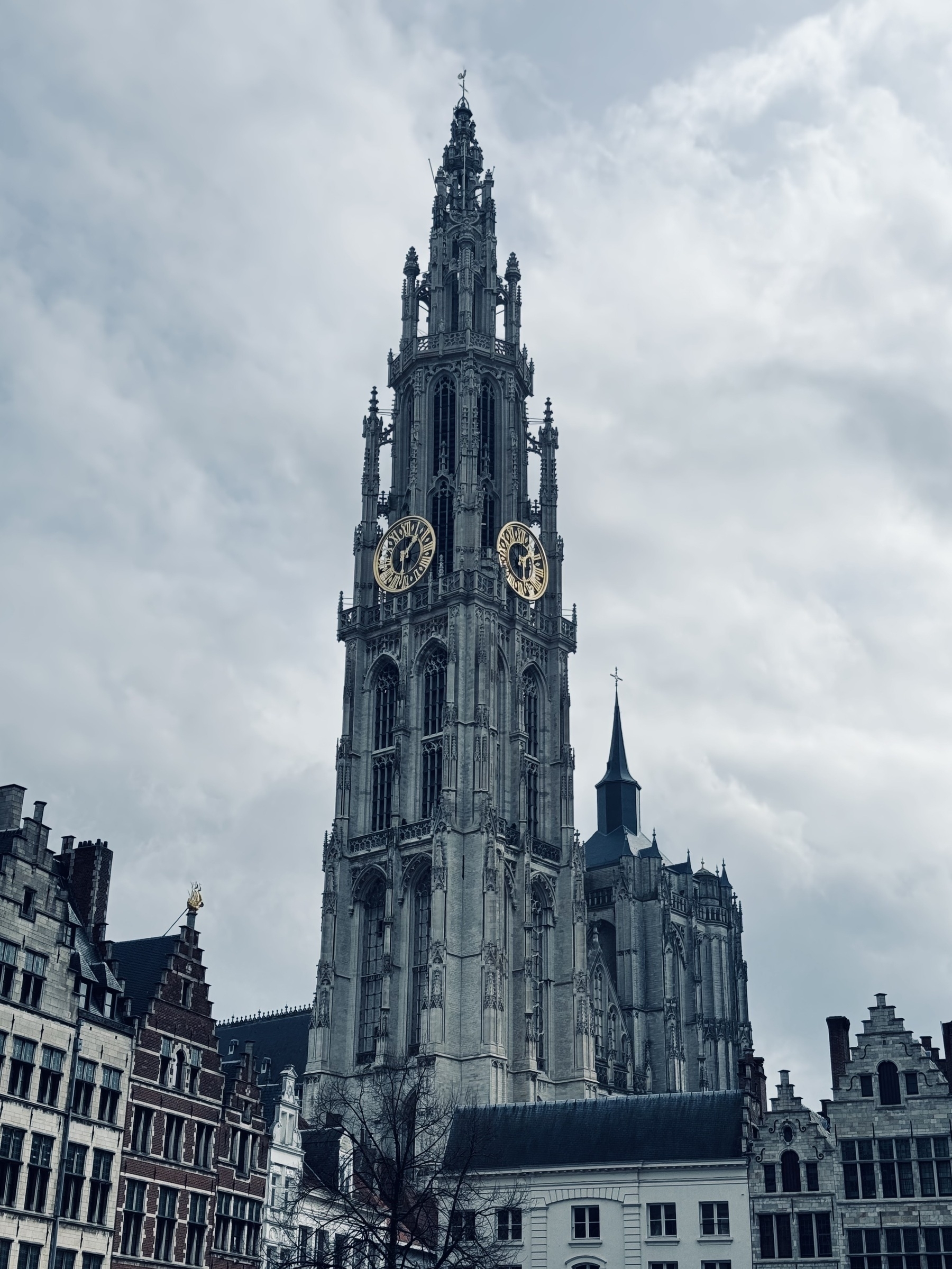 The gothic tower of Antwerp cathedral towering over the surrounding buildings.