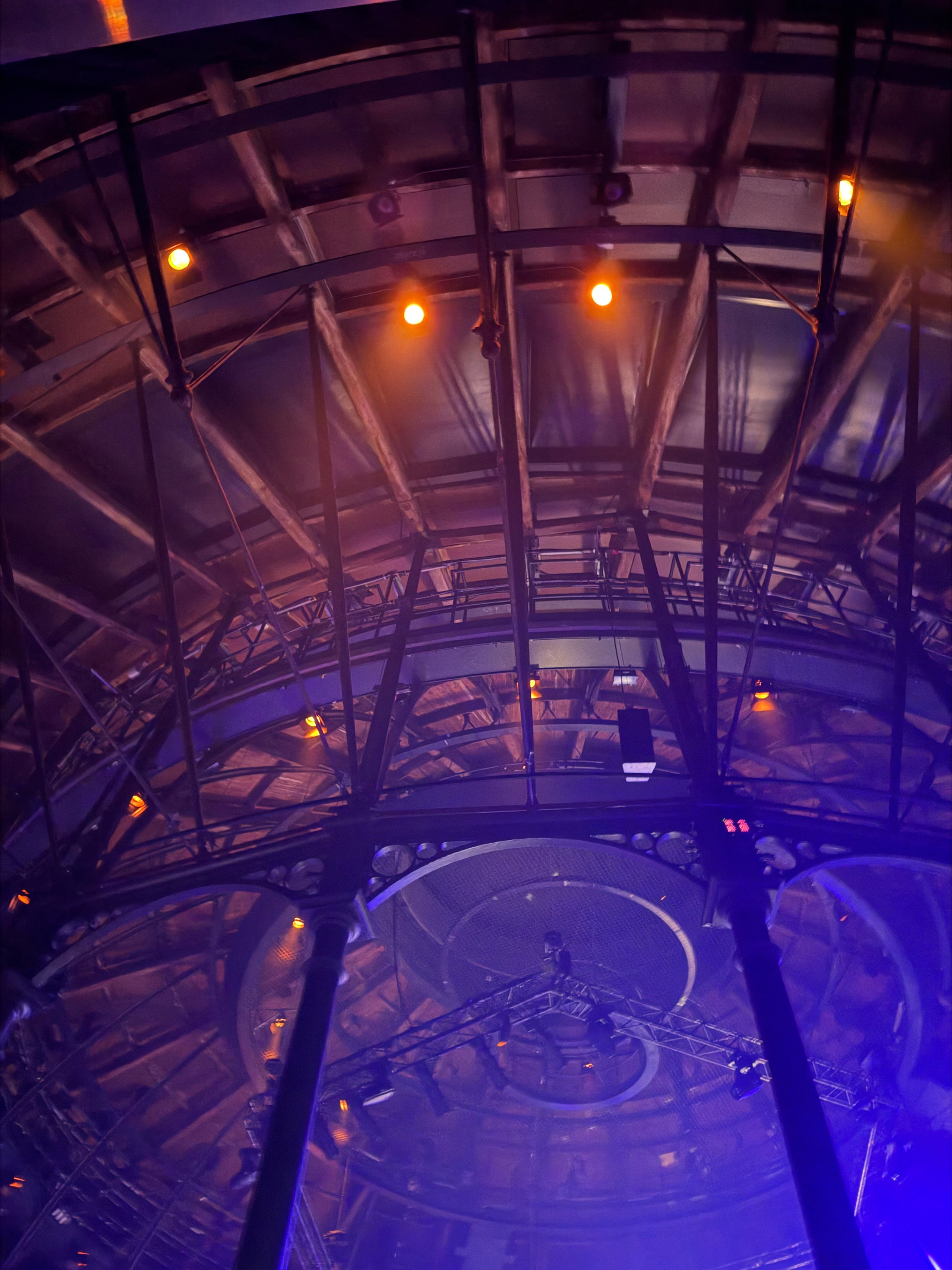 Looking up at the framework of the Roundhouse venue in Camden.