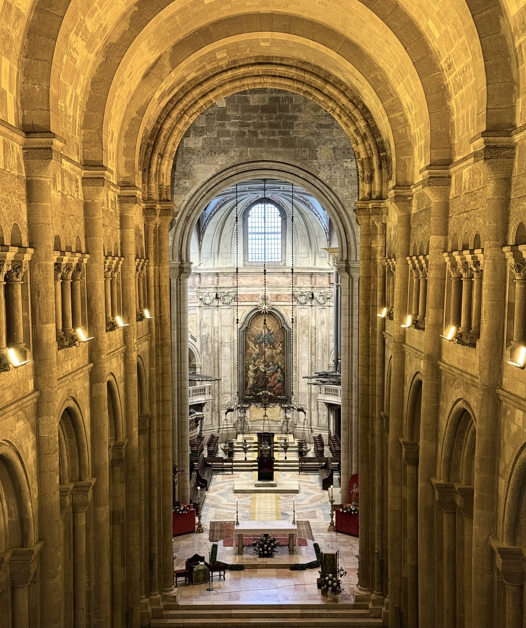 Looking down the nave of Lisbon cathedral towards the altar.