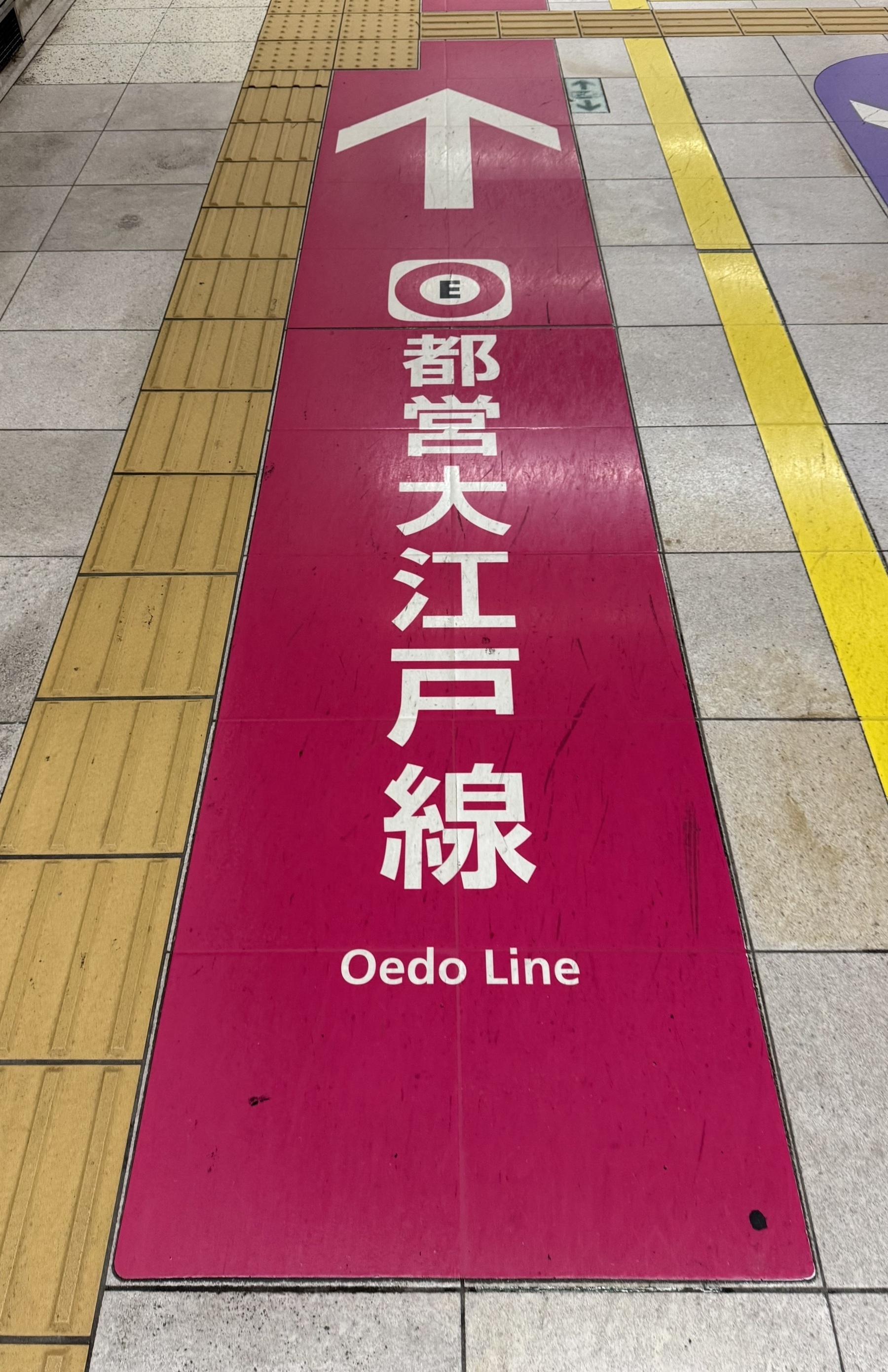 A large sign on the floor pointing to the Oedo line on the Tokyo metro.