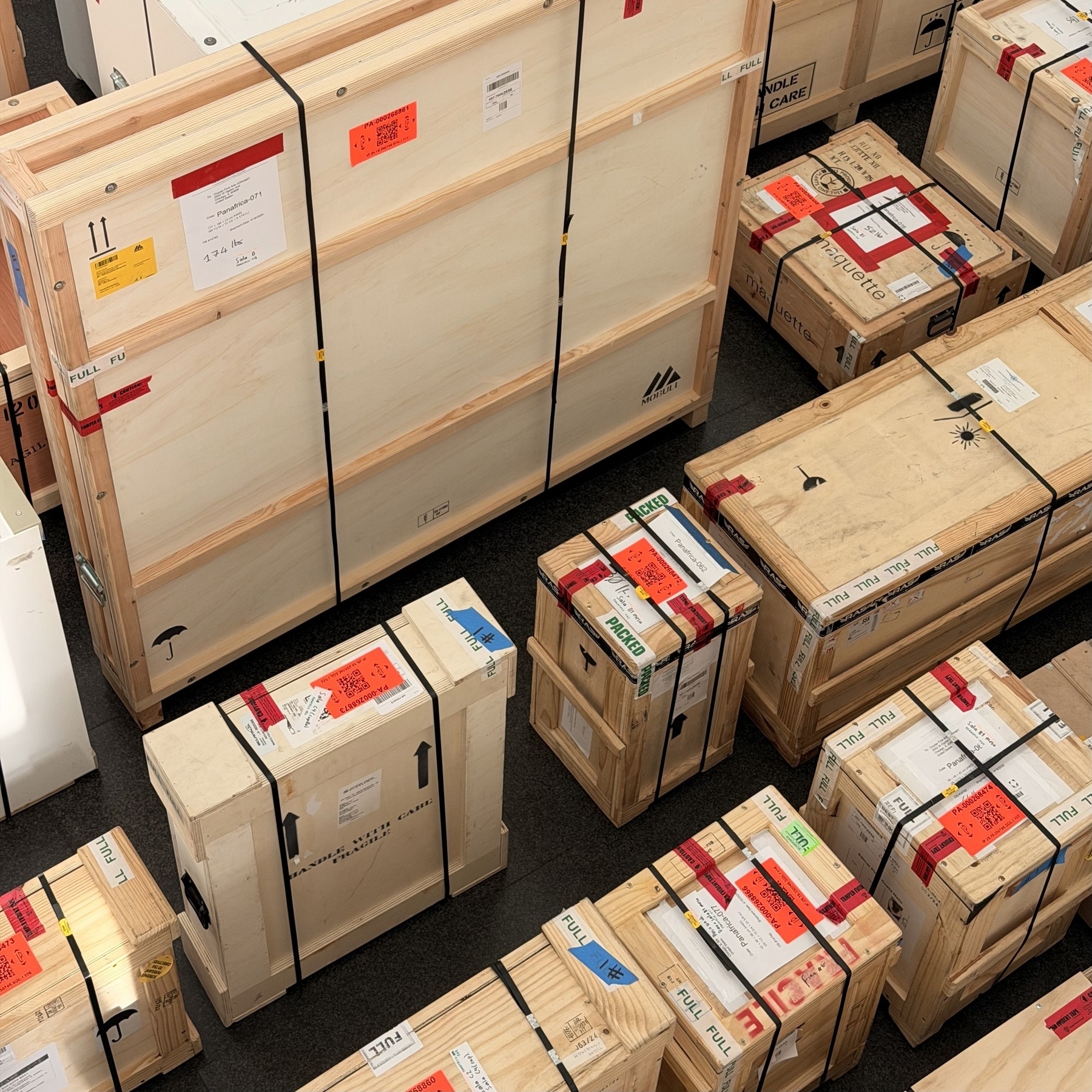 Rows of wooden packing crates.