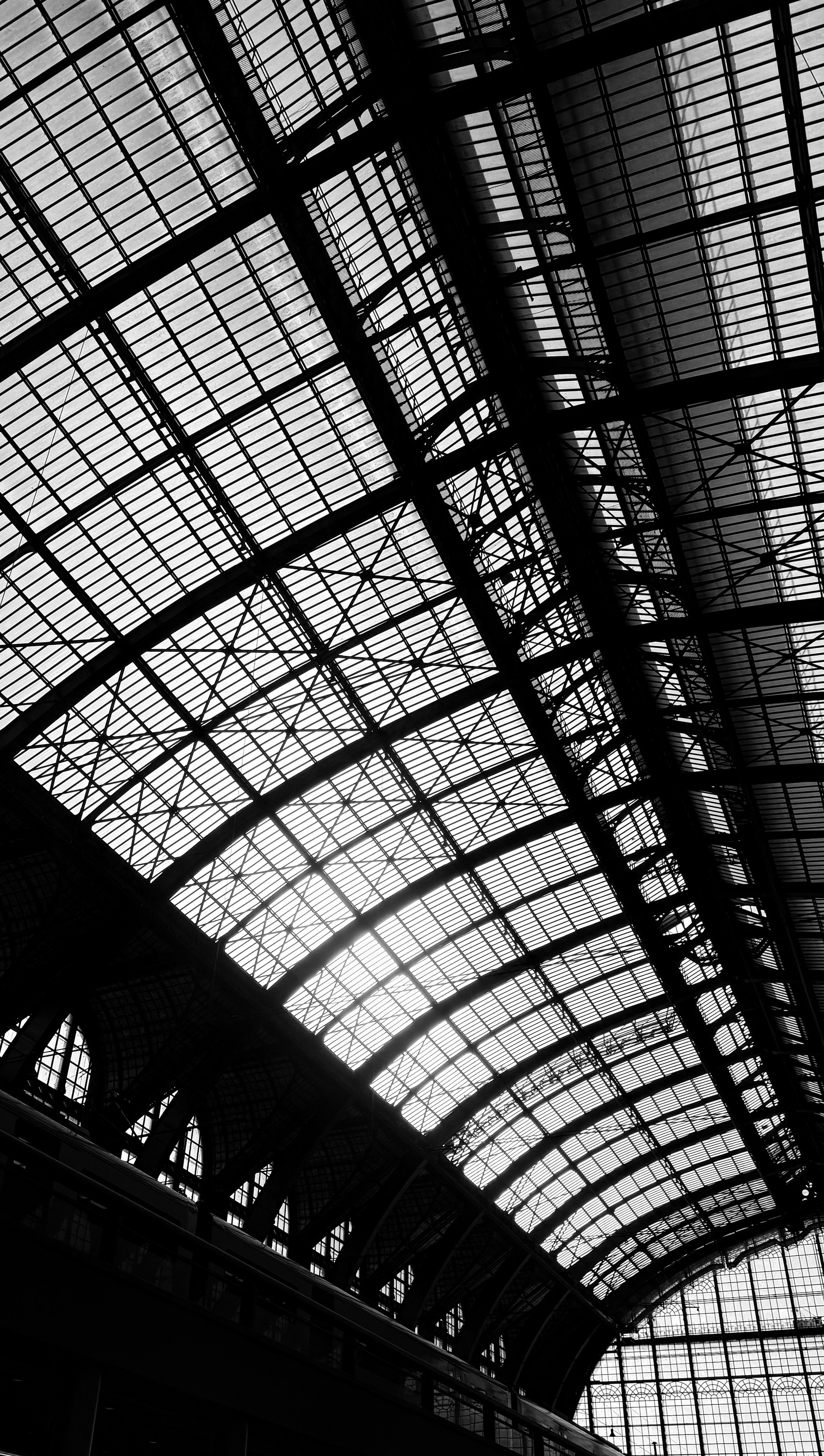 The glass and metal roof of Antwerp train station.