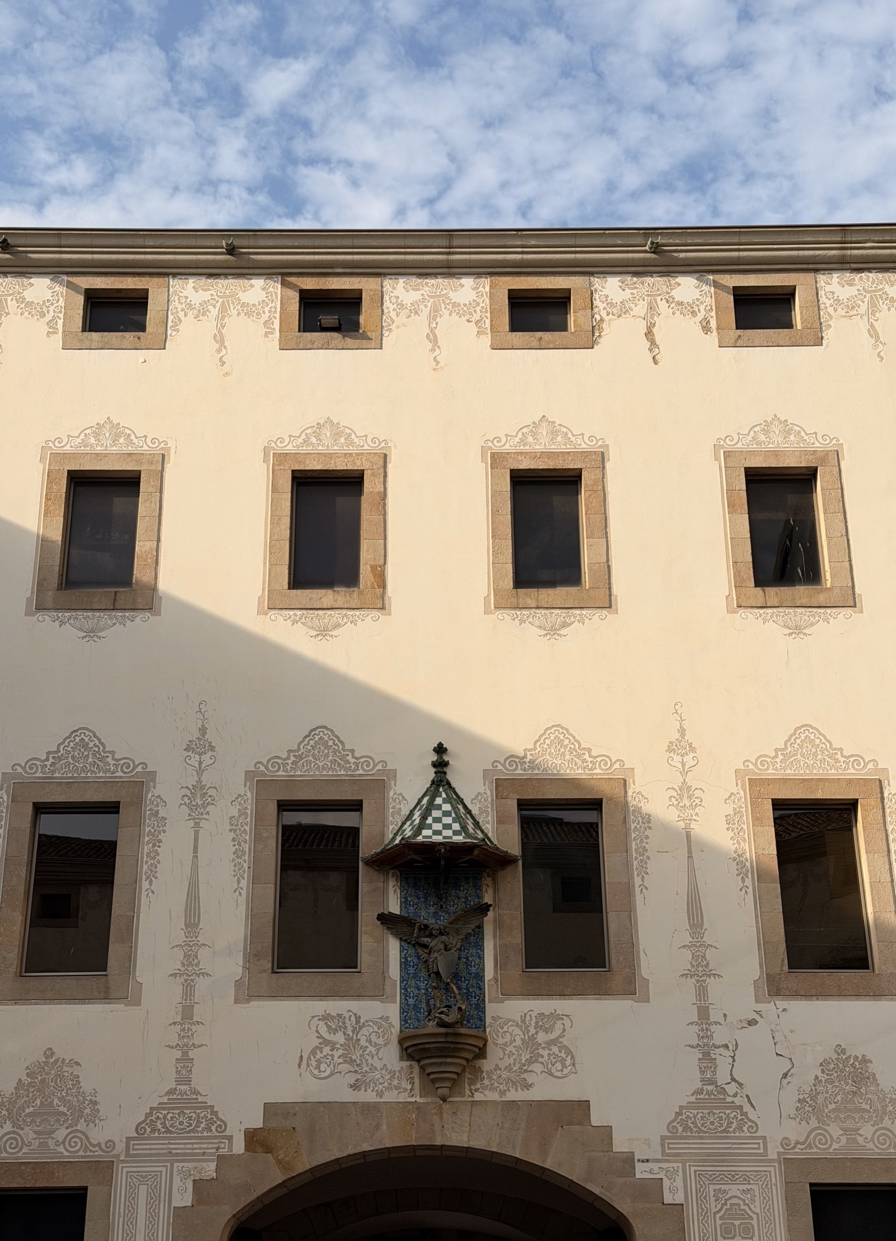 The decorated facade of a building.