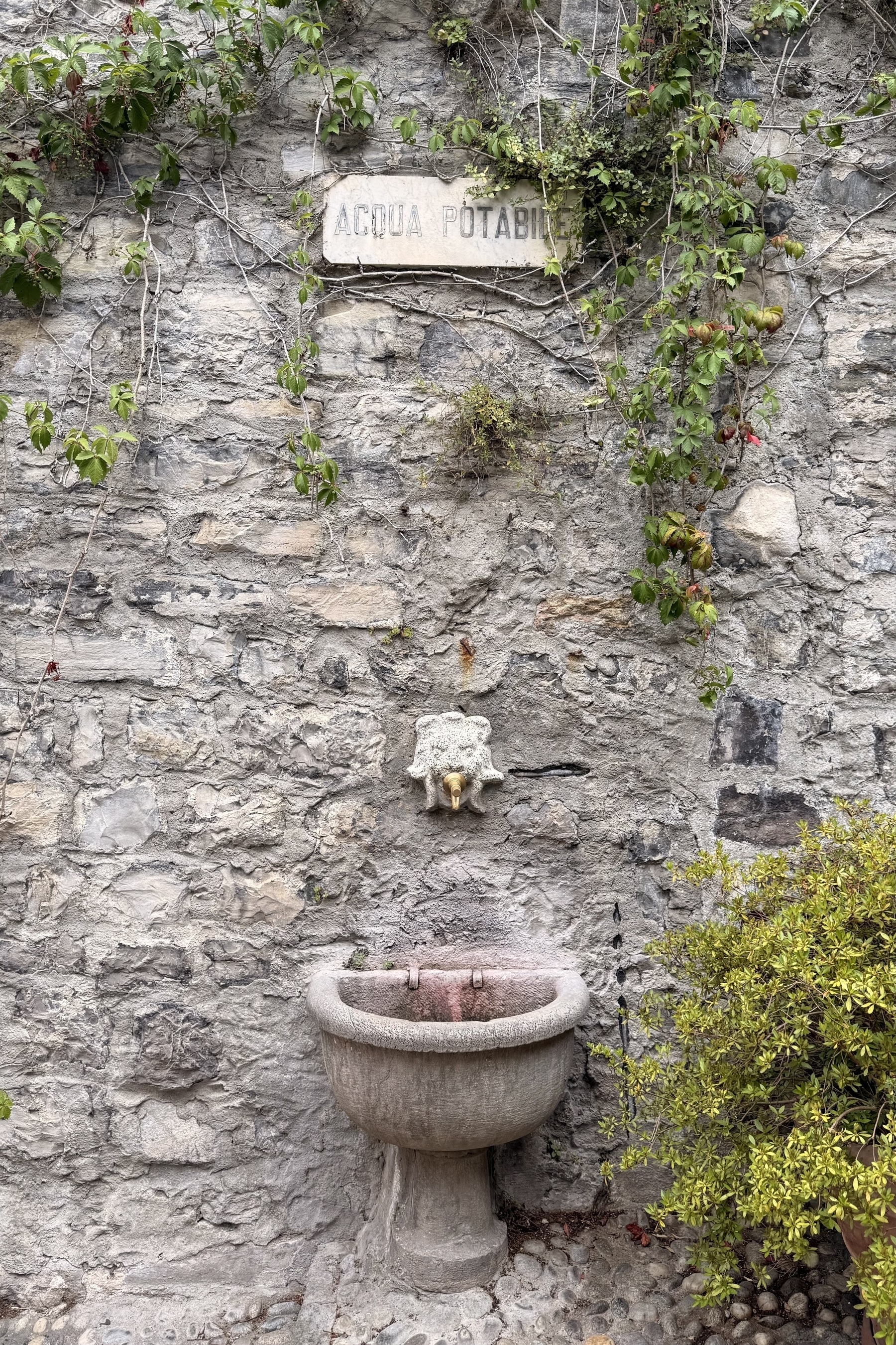 A drinking water fountain sticking out of a stone wall.