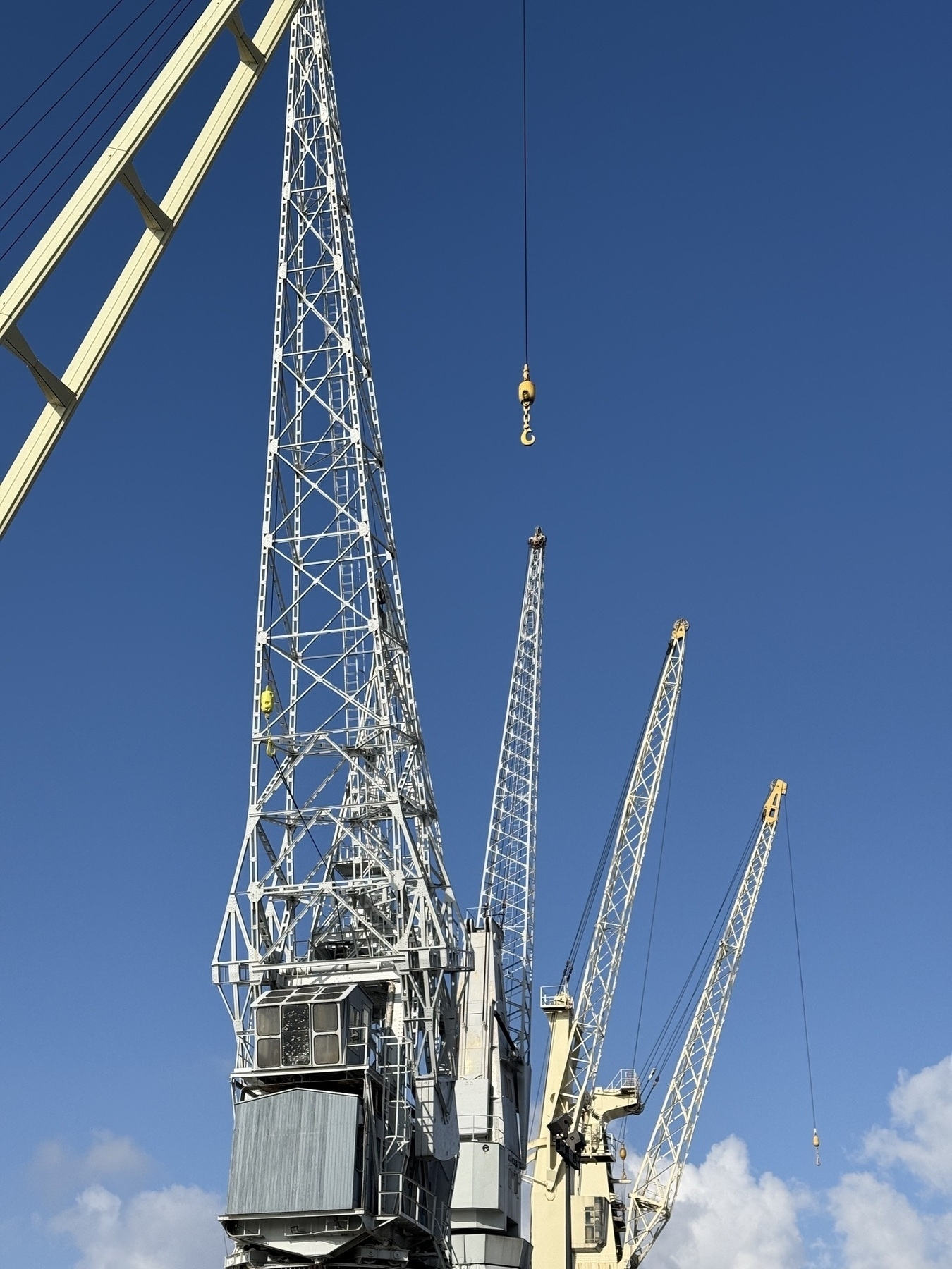 Several cranes reaching in to a clear blue sky.