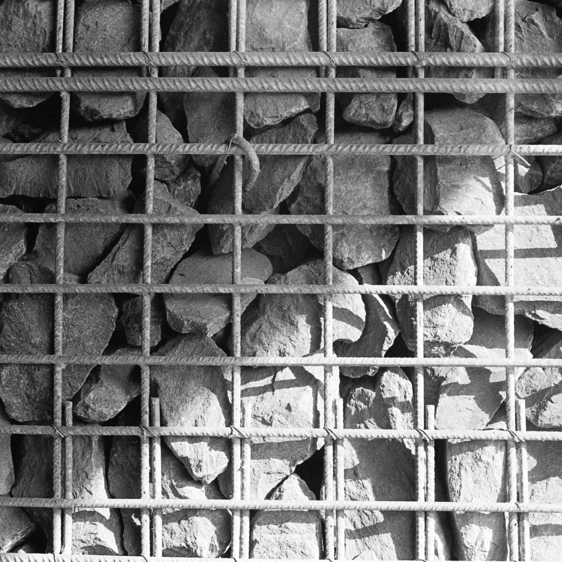 Rocks behind a metal grid.
