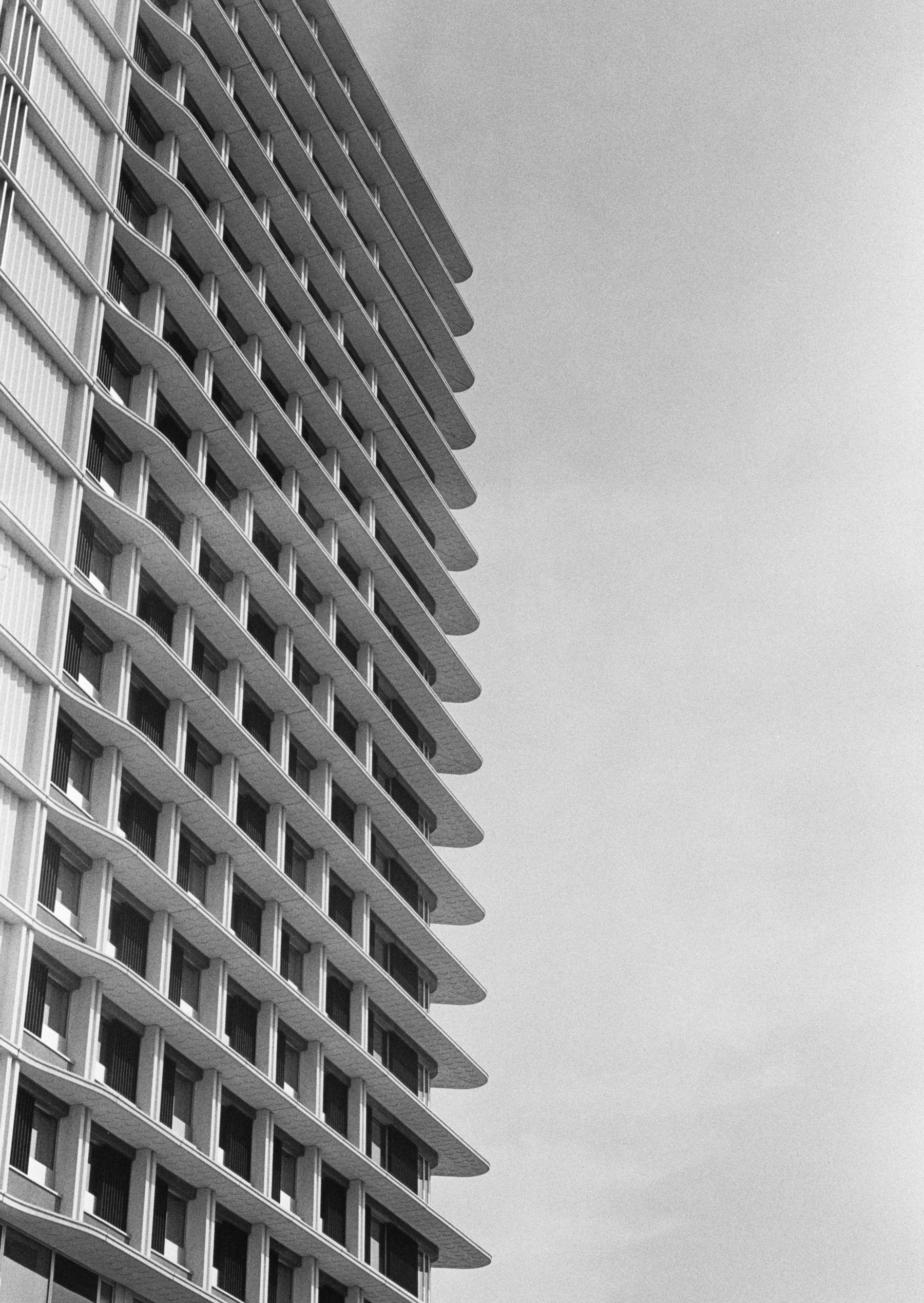 The repetitive facade of a tower block.