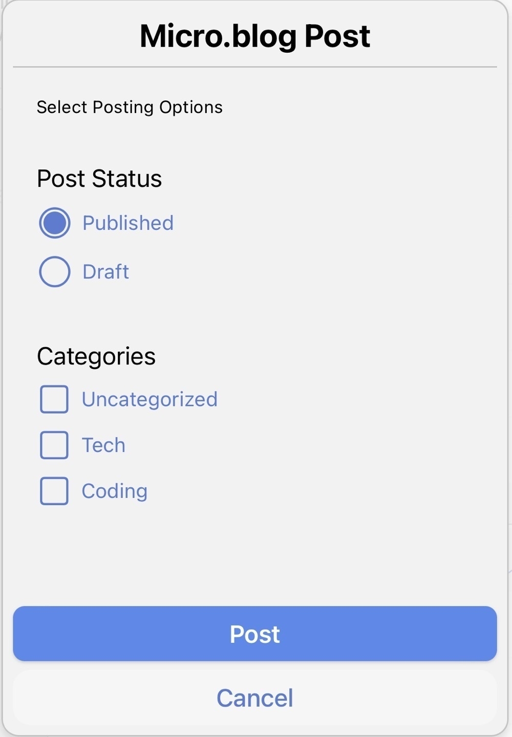 Screenshot of a Drafts action prompt with a selection for post status and category selection.