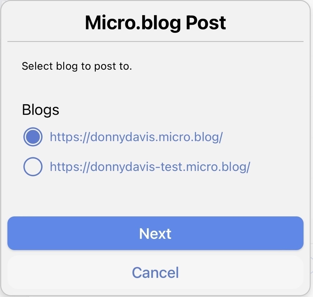 Screenshot of a Drafts action prompt with blog selection.