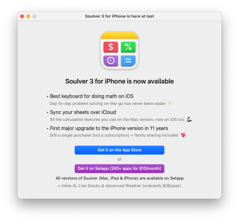 Screenshot of a macOS alert that says "Soulver 3 for iPhone is now available"