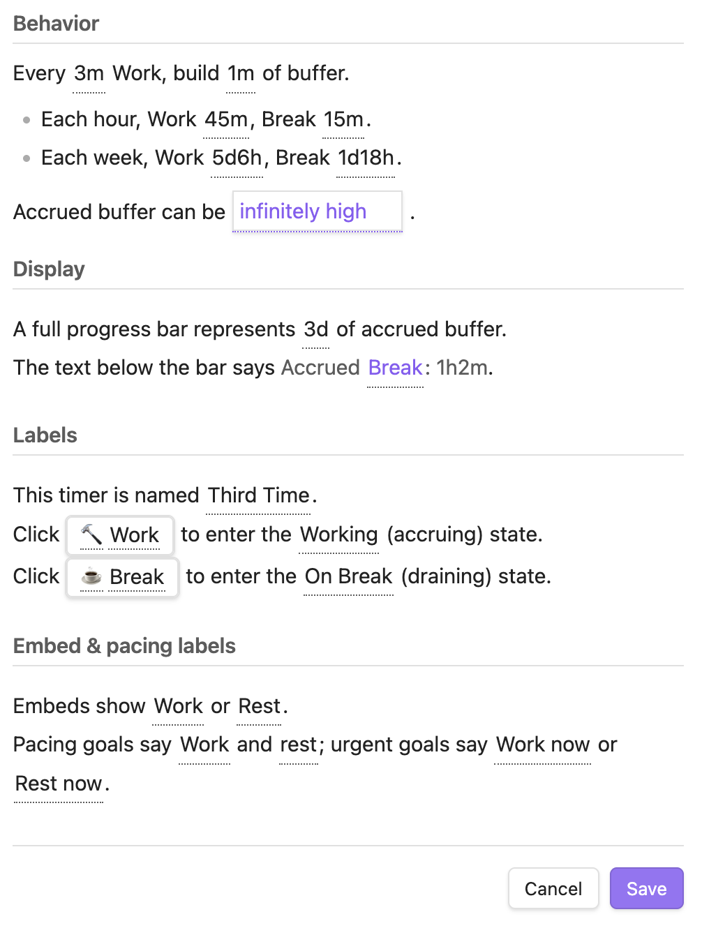 Screenshot of a reactive document interface for configuring a pomodoro timer, where the timer's behavior is described in full sentences with the configurable parameters made clickable for editing.