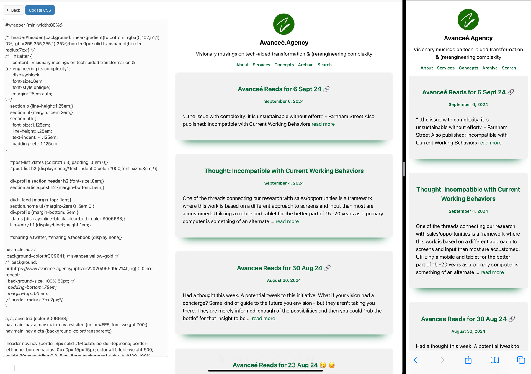 screenshot of Avanceé redesign on iPad showing css and two viewports