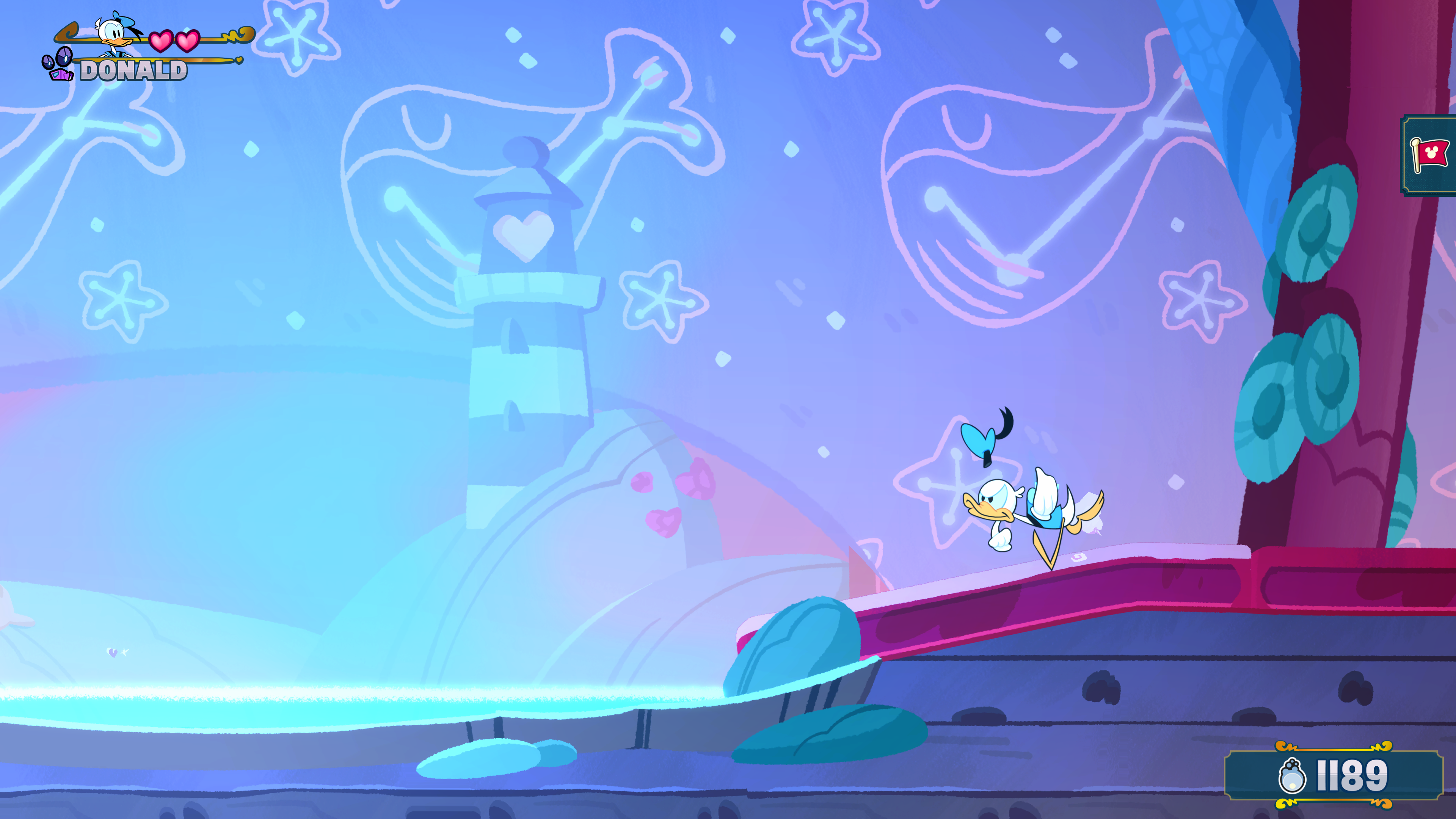 Auto-generated description: A cartoon character runs across a whimsical, brightly colored landscape with a lighthouse and playful sea-themed background.