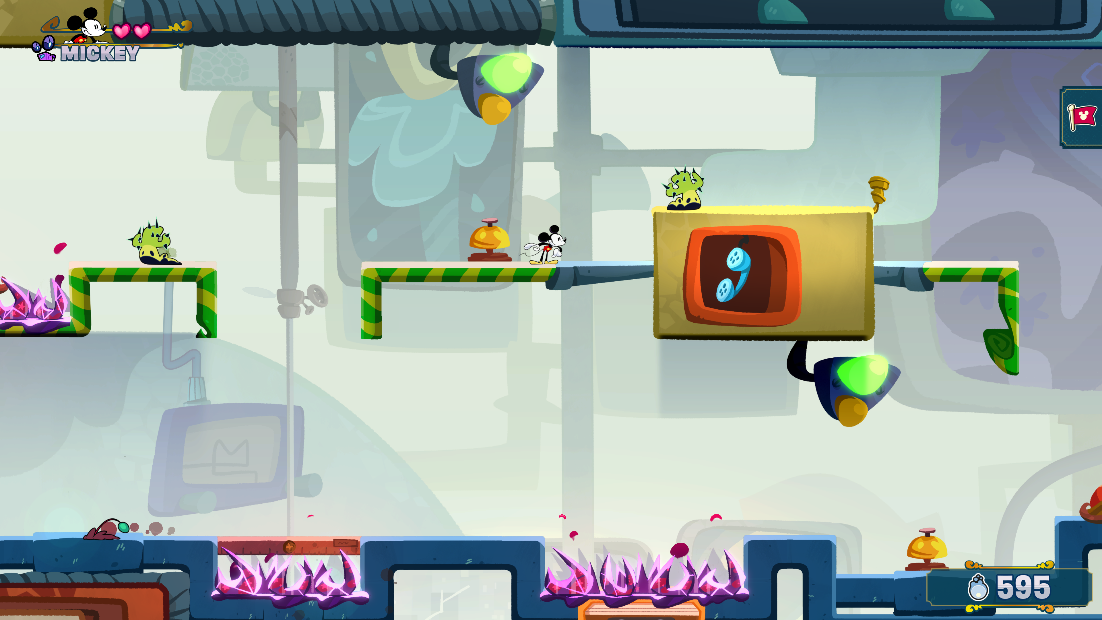 Auto-generated description: A cartoonish video game scene features a character navigating a platform with obstacles, colorful pipes, and creatures set in an industrial environment.