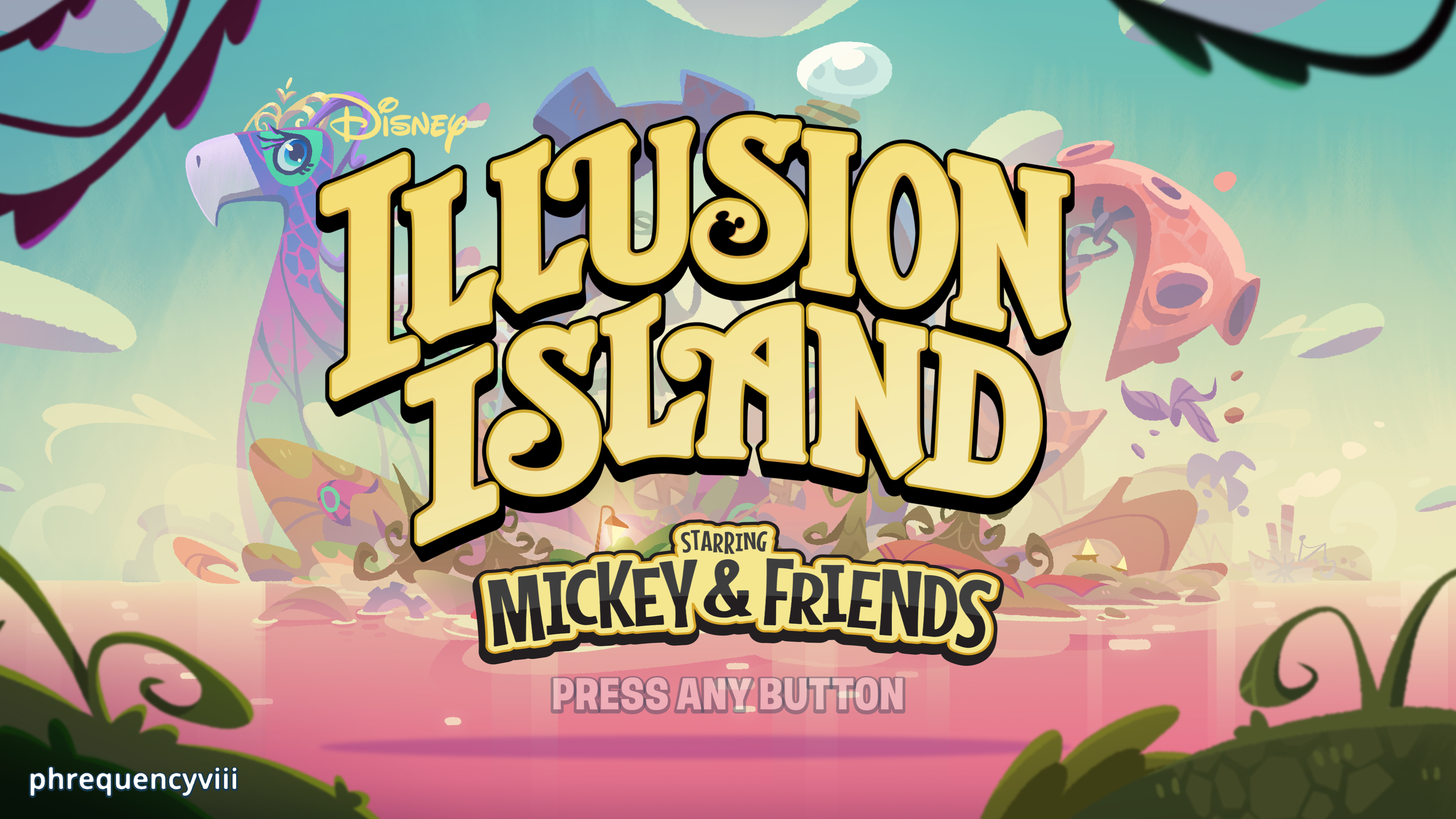 Auto-generated description: A colorful illustration features the title Illusion Island with Mickey & Friends set against a whimsical, tropical backdrop with Disney branding.