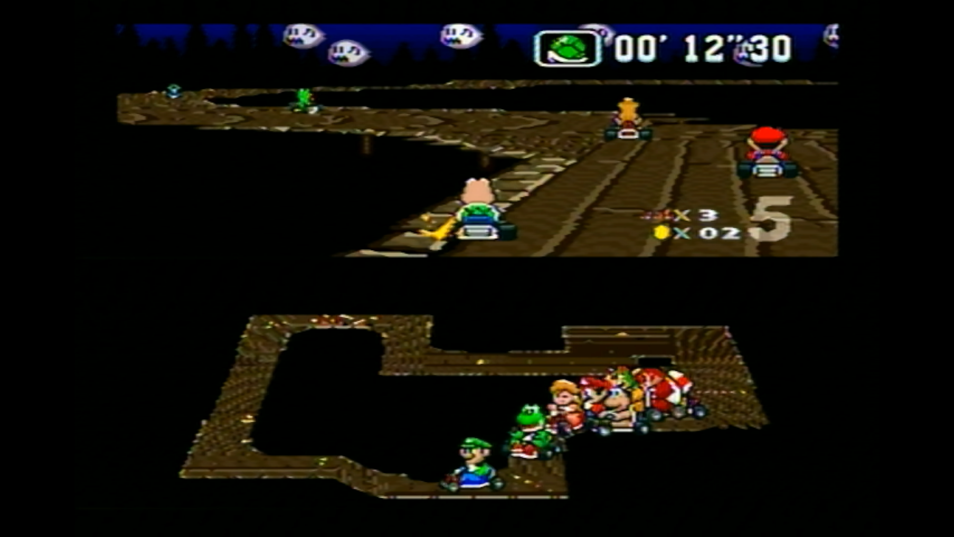 Auto-generated description: A retro kart racing video game features colorful characters navigating through a spooky track with ghosts floating above.