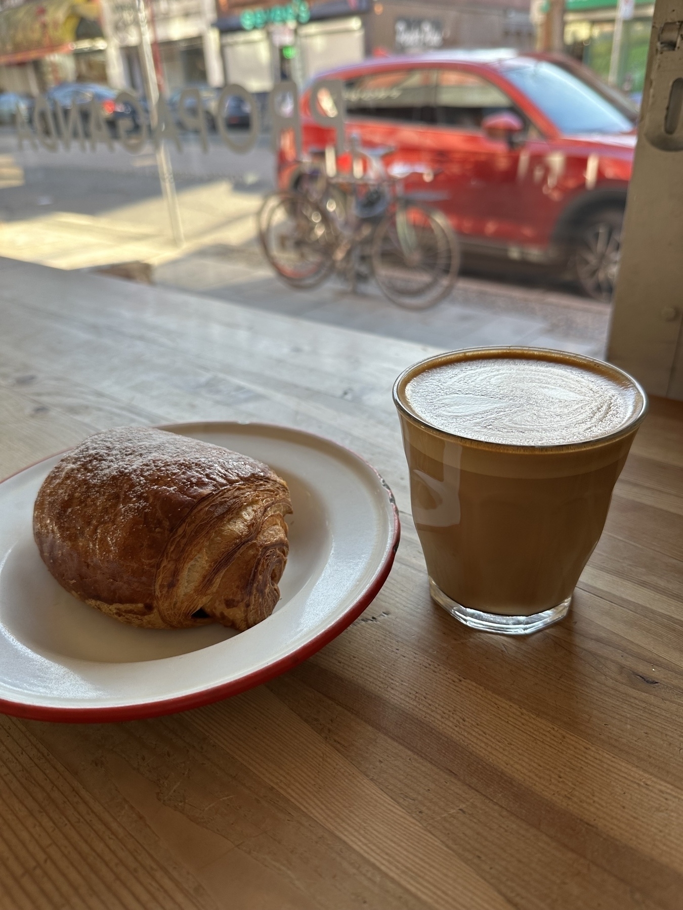 Coffee and chocolate croissant.