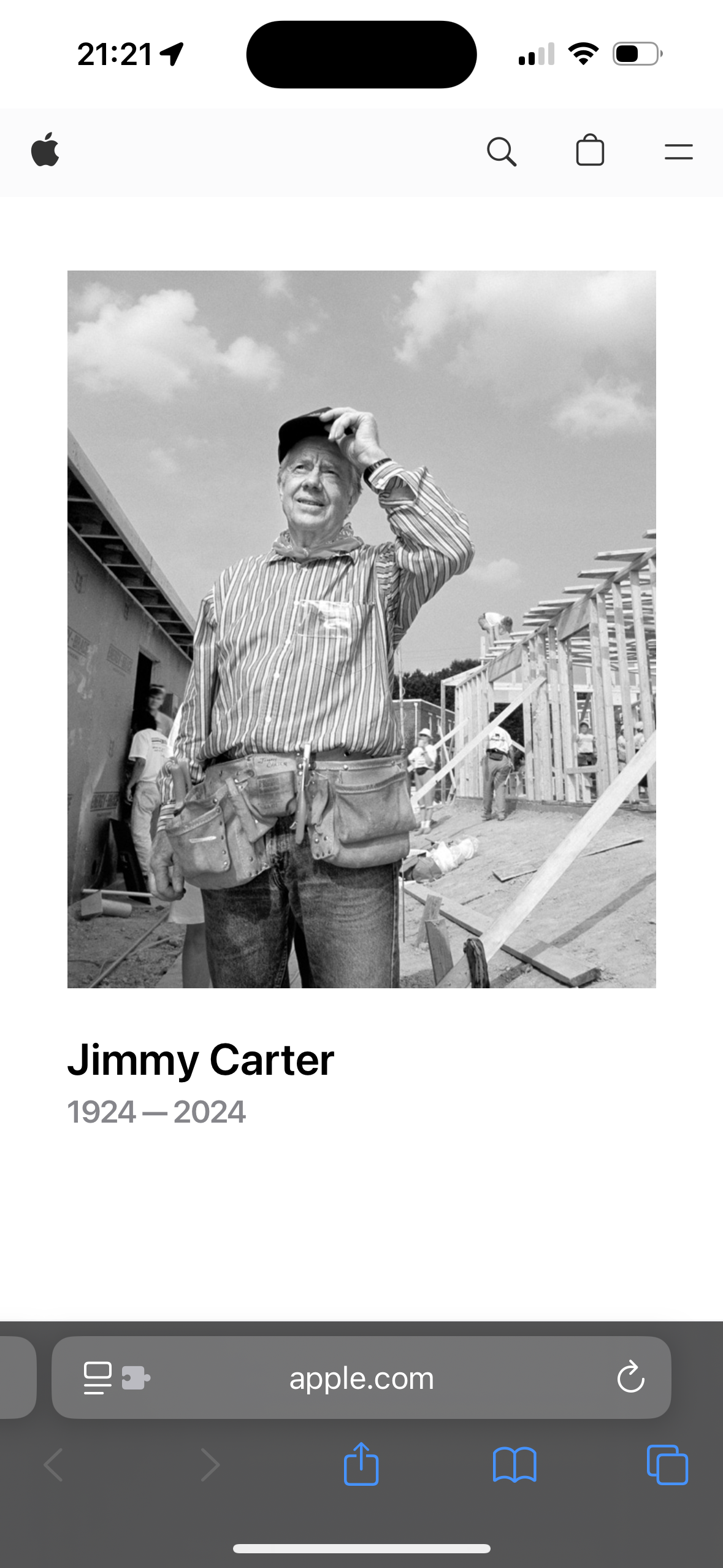 Screenshot of the Apple.com homepage's homage to former U.S. President Jimmy Carter.