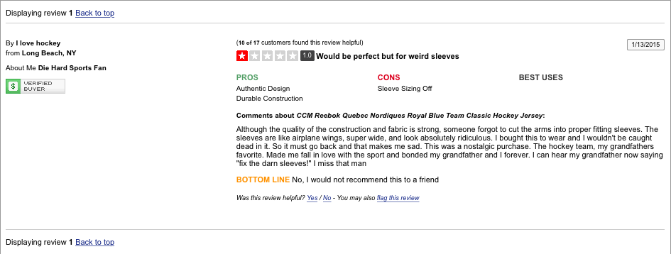 A screenshot of a negative review left for a Nordiques jersey, with a funny quip: “fix the darn sleeves!