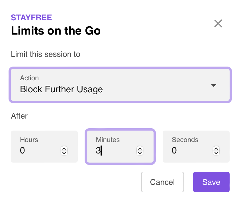 A settings menu displays options to block further usage after a specified time limit with fields for hours, minutes, and seconds.