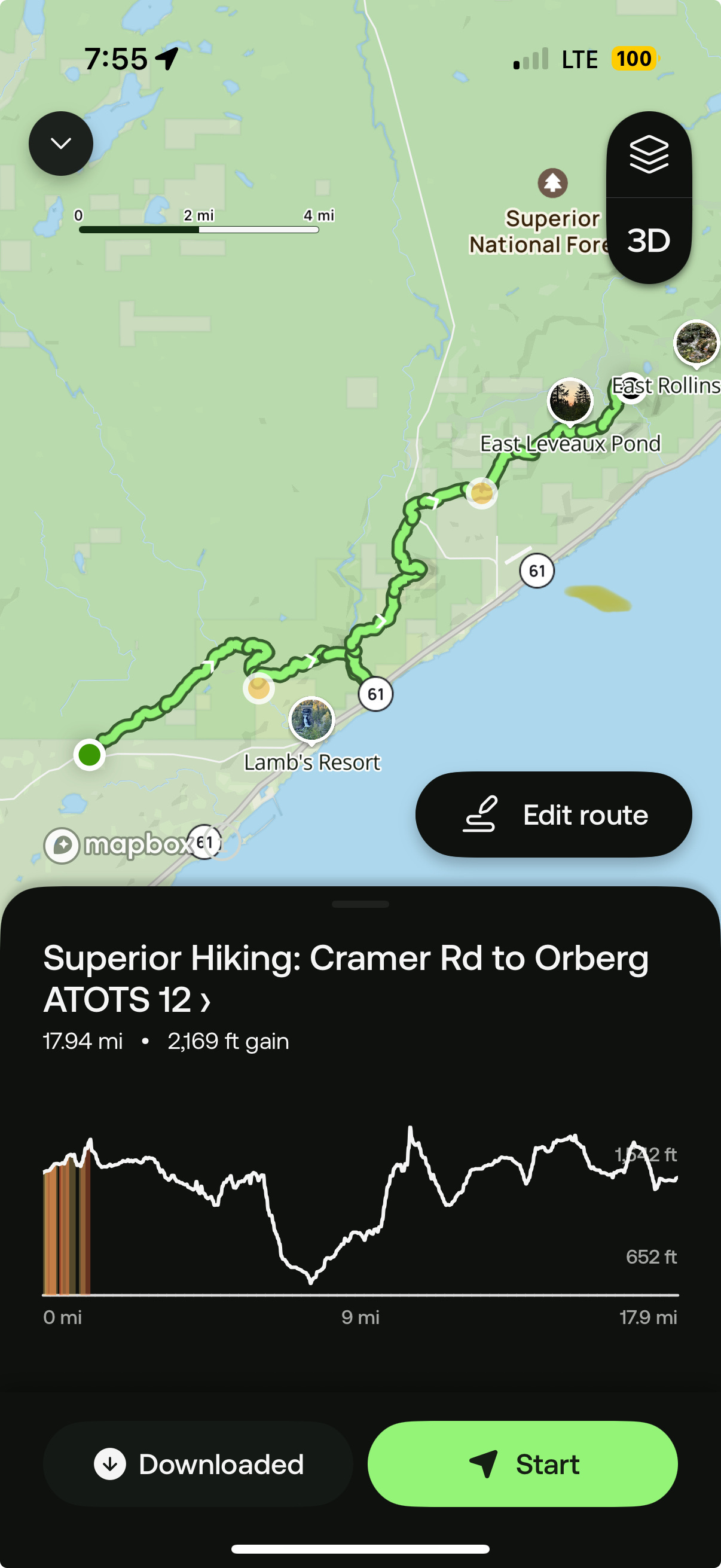 A hiking route is displayed on a map, showing a 17.94-mile trail with an elevation gain of 2,169 feet.