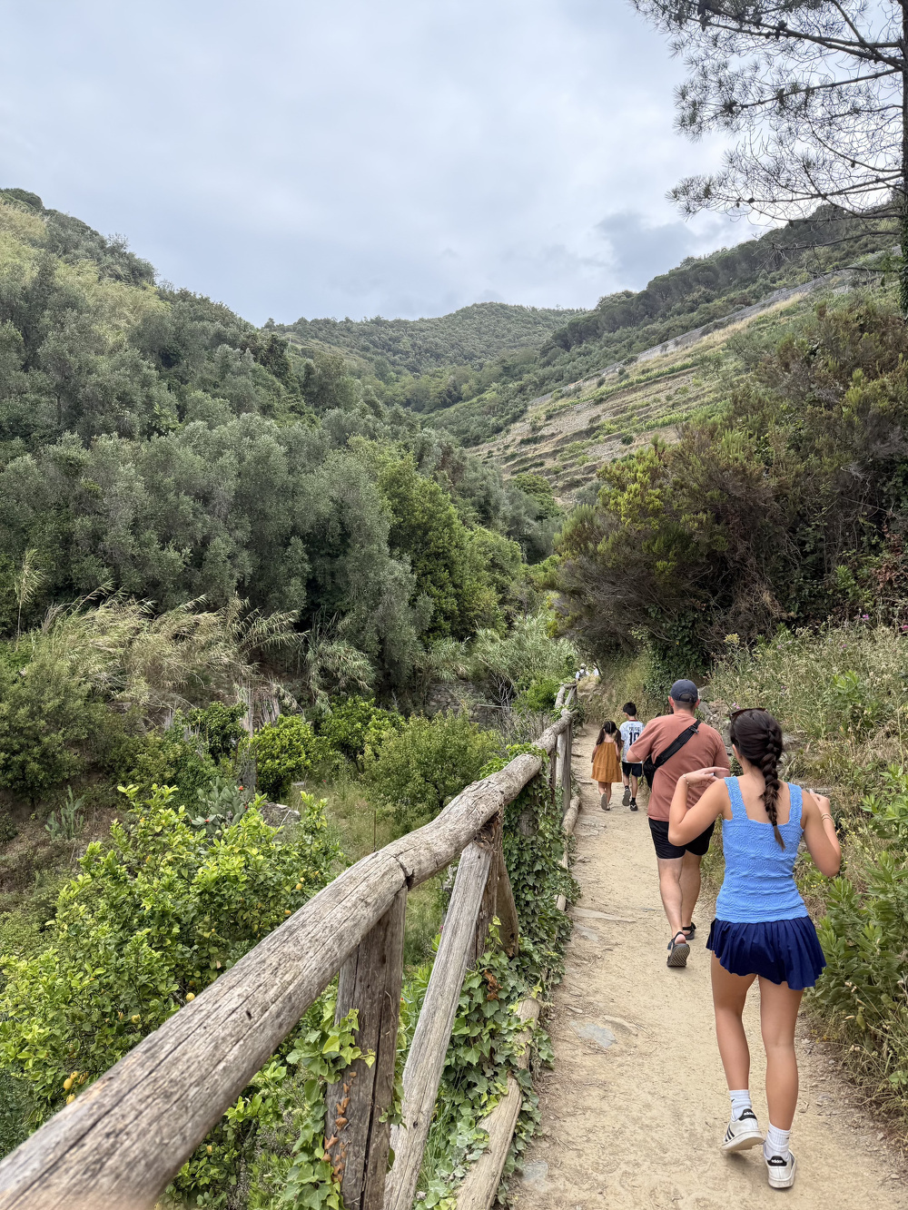 A group of people is walking along a dirt path surrounded by lush greenery and hills under a cloudy sky.