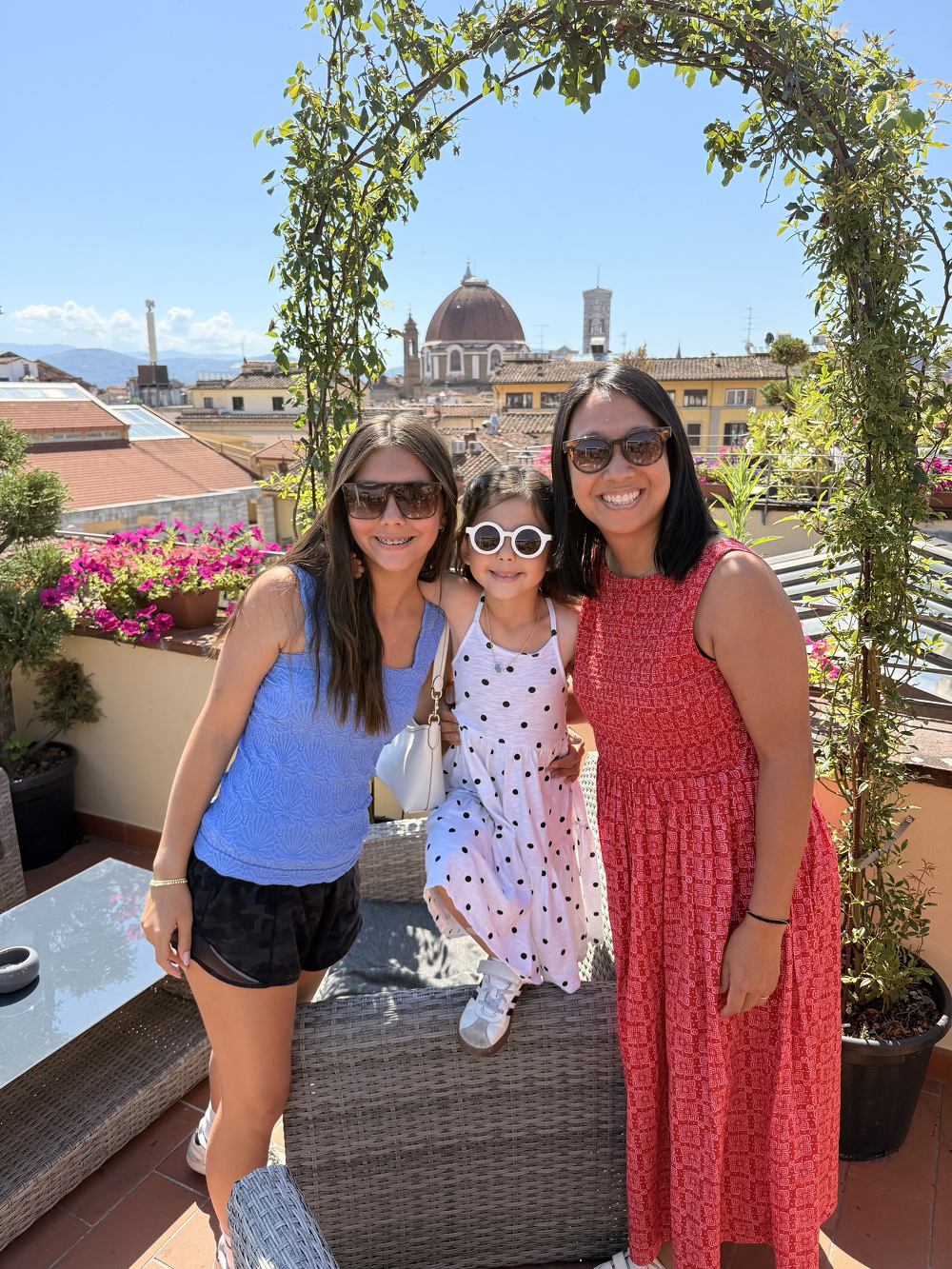 Three smiling females wearing sunglasses pose together on a sunny rooftop terrace with a cityscape and a dome in the background.
