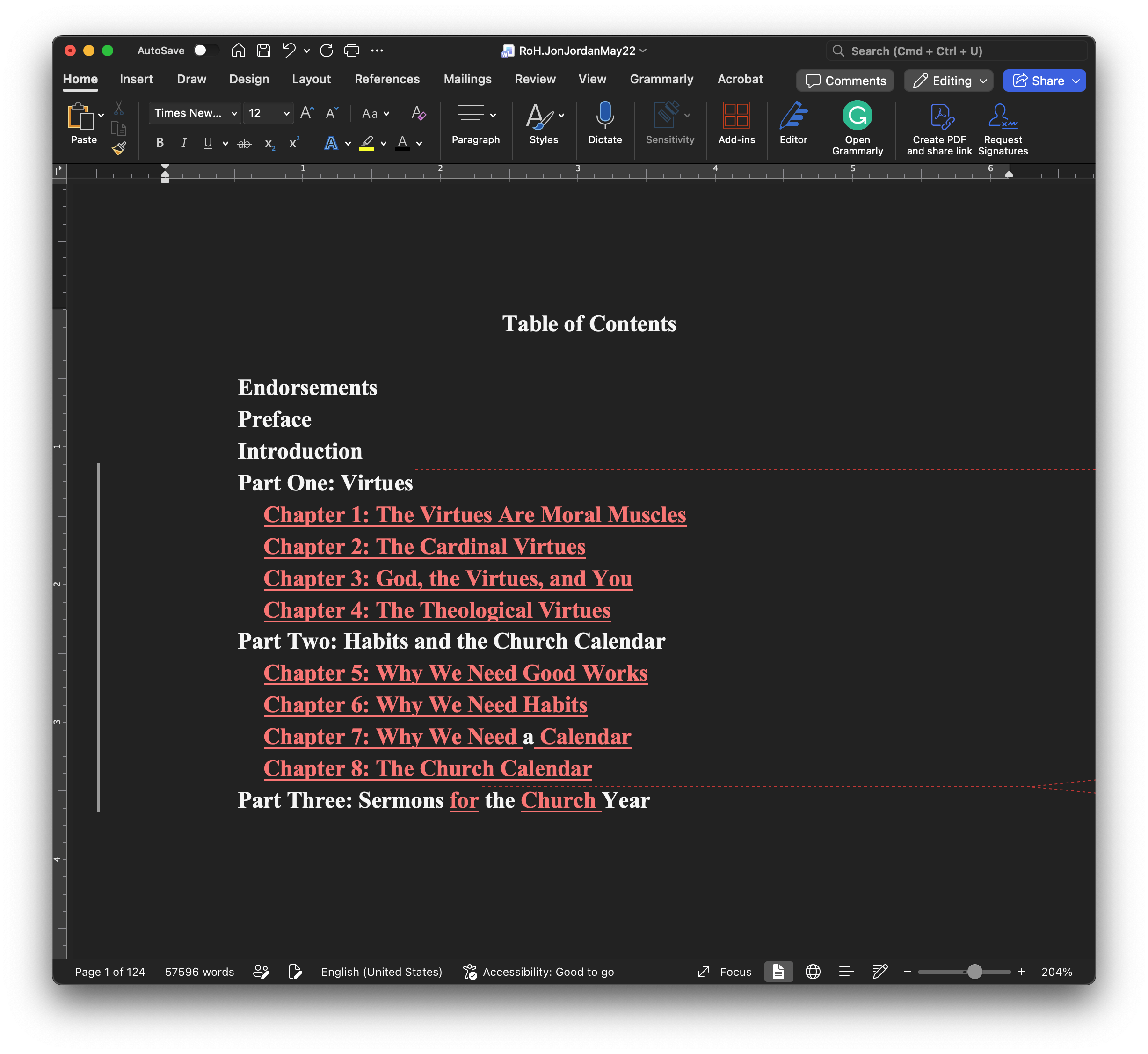 The screenshot shows a table of contents for a document titled Rhythms of Habits, with sections on virtues, habits, and the church calendar, including highlighted chapter titles in red.