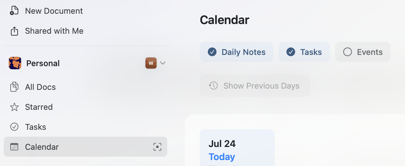 Auto-generated description: A digital calendar interface is displayed with options for daily notes, tasks, and events, highlighting July 24 as Today.