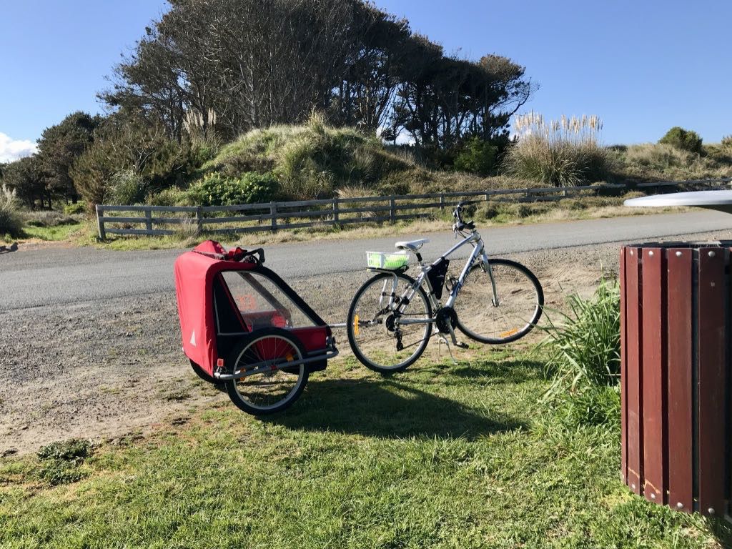 A bicycle is parked on grass next to a road with a red trailer attached, surrounded by greenery and trees in the background.