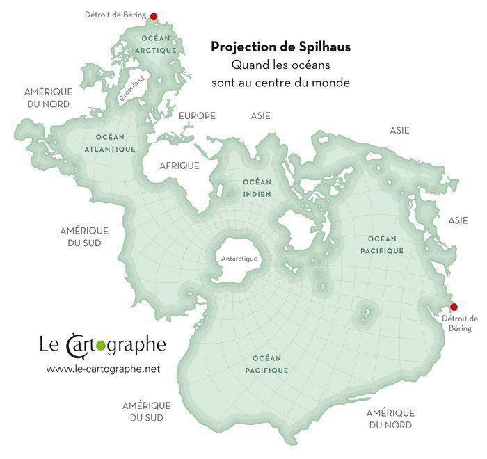 A world map projection centers the oceans, showing continents and major oceans labeled in French.