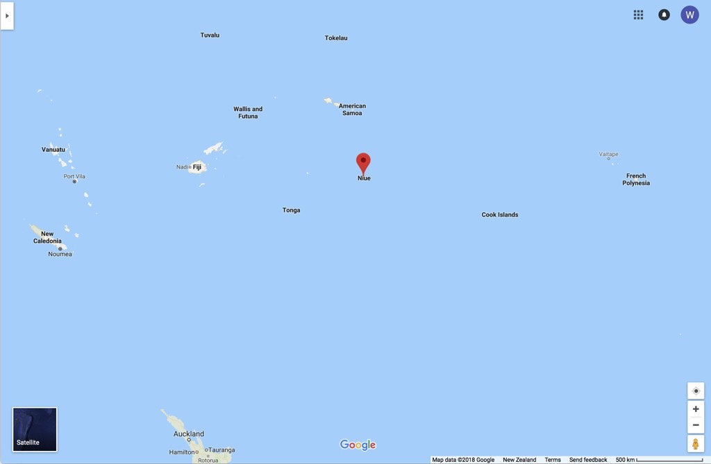 A map of the South Pacific Ocean highlighting the location of Niue island surrounded by other island groups such as Tonga, Fiji, Samoa, and New Caledonia.